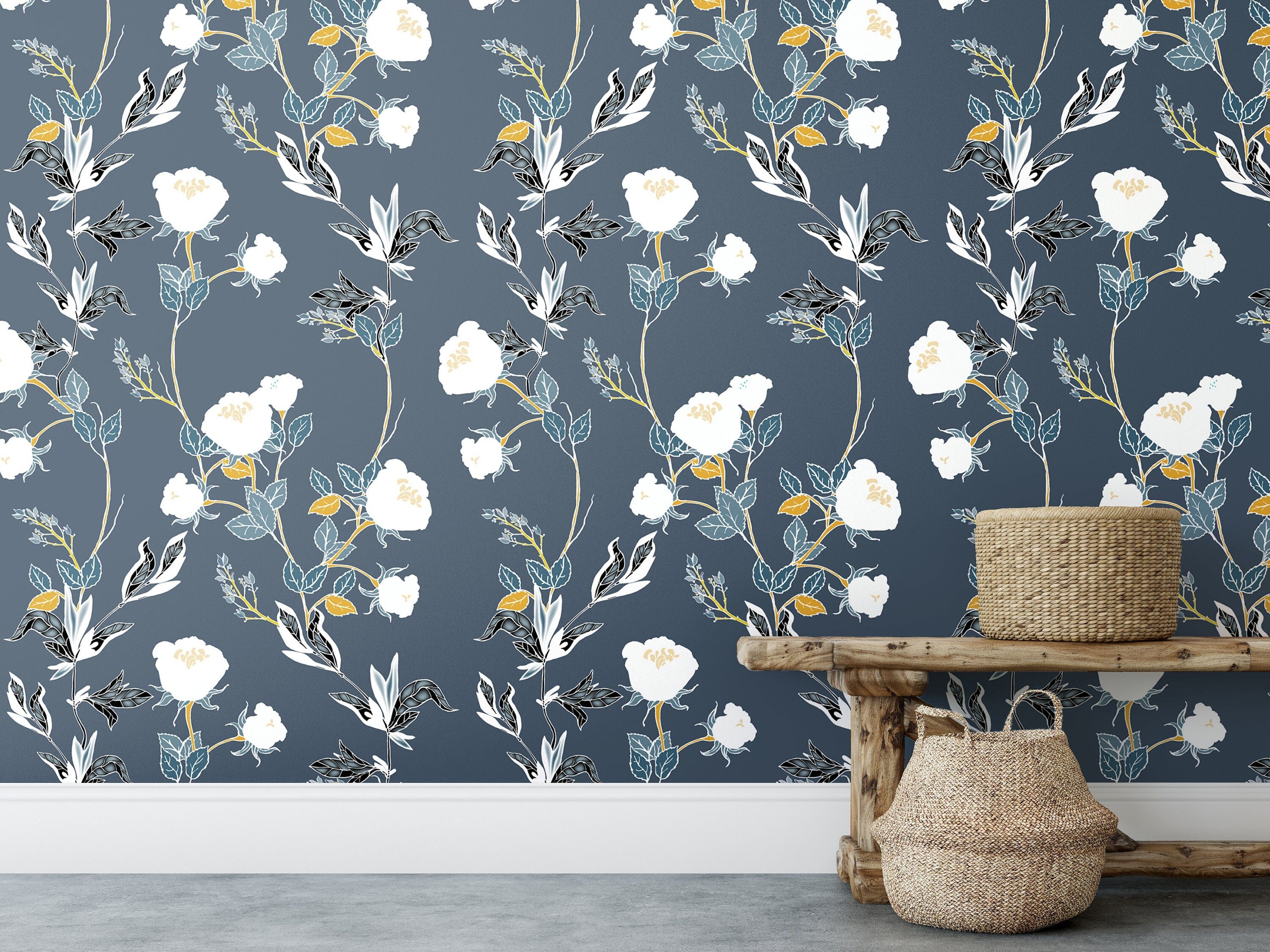 Navy White Floral Wallpaper | Wallpaper Peel and Stick | Removable Wallpaper | Peel and Stick Wallpaper | Wall Paper Peel And Stick | 2166 - JamesAndColors