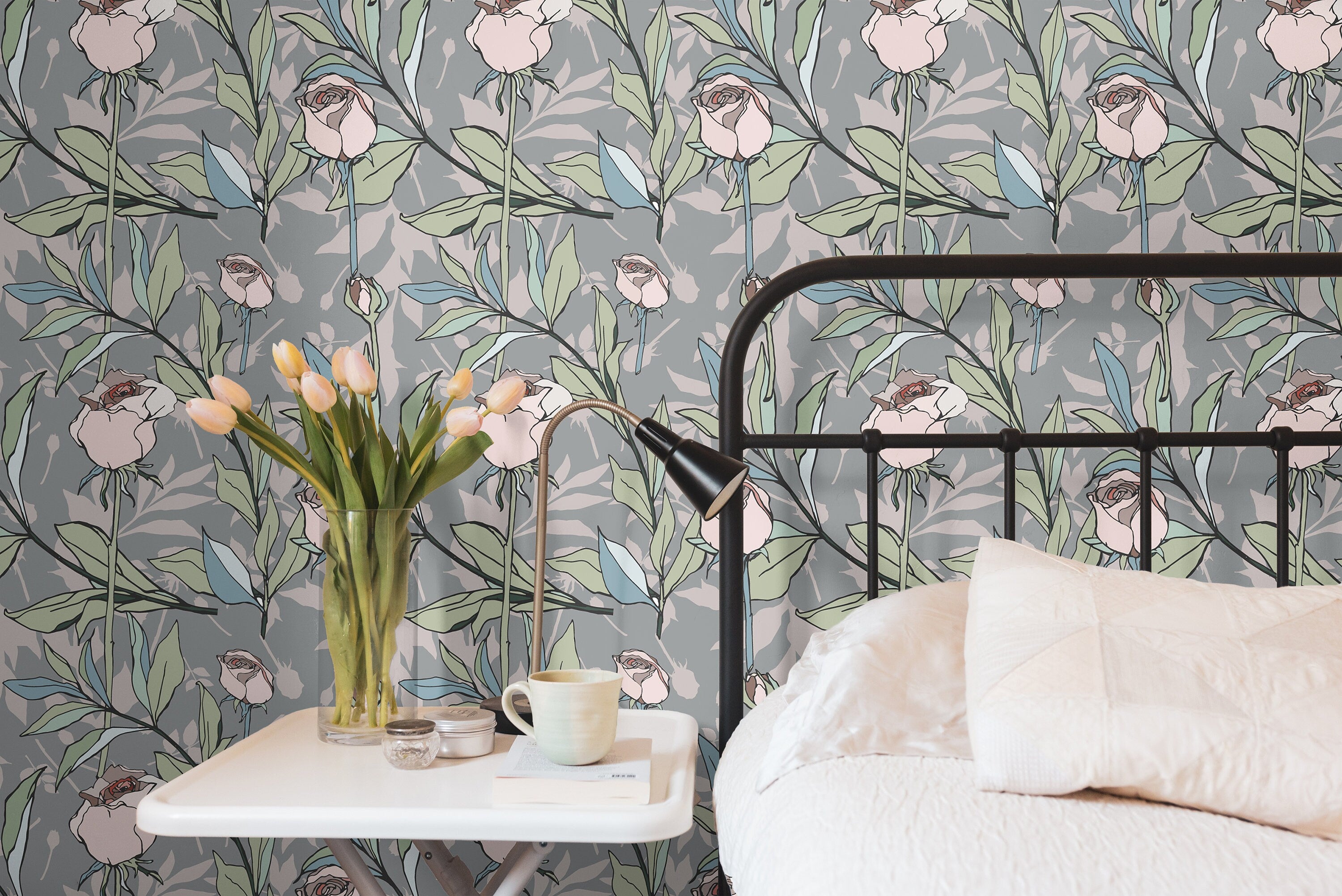 Gray Pink Floral Wallpaper | Wallpaper Peel and Stick | Removable Wallpaper | Peel and Stick Wallpaper | Wall Paper Peel And Stick | 2167 - JamesAndColors