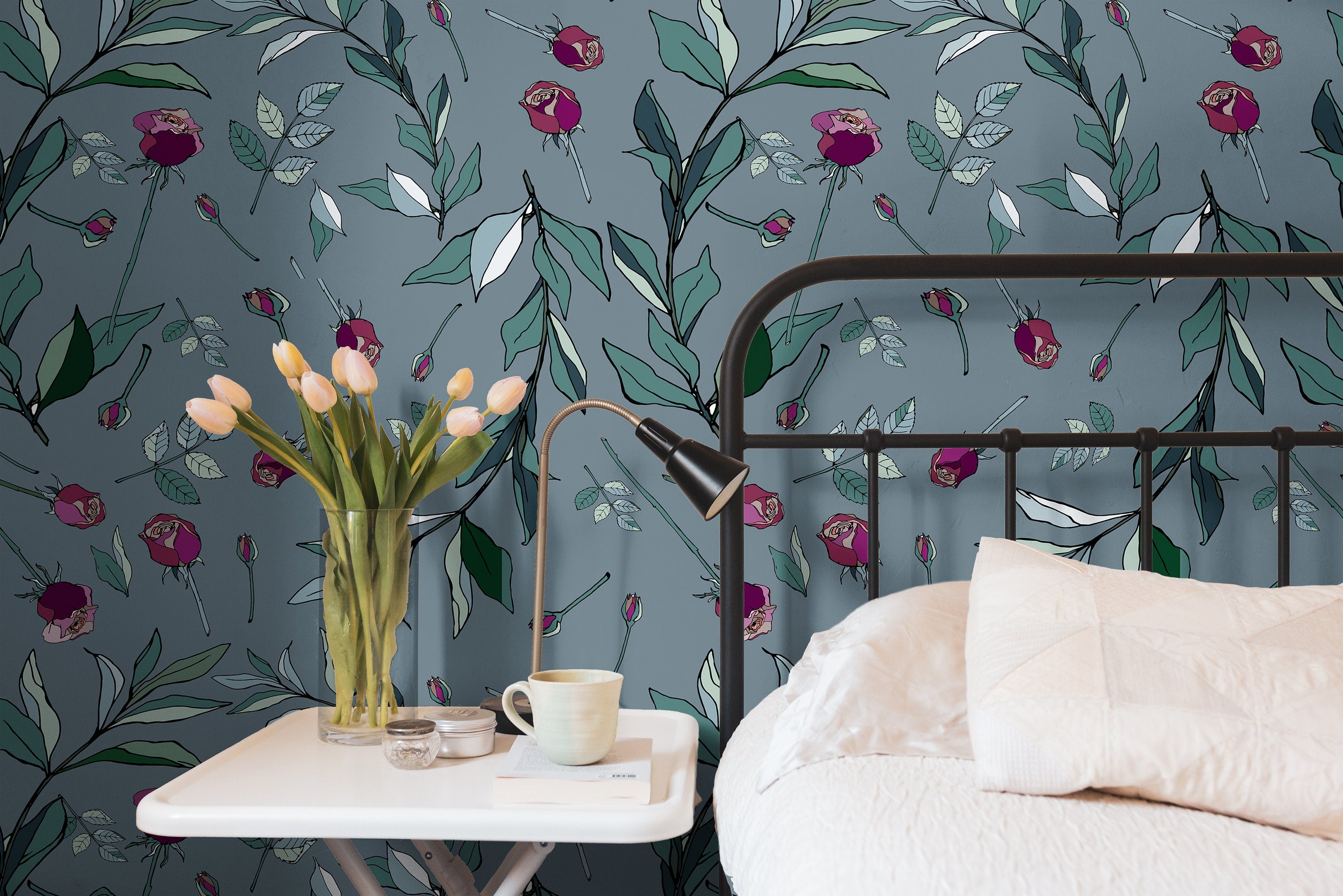 Blue Gray Floral Wallpaper | Wallpaper Peel and Stick | Removable Wallpaper | Peel and Stick Wallpaper | Wall Paper Peel And Stick | 2168 - JamesAndColors