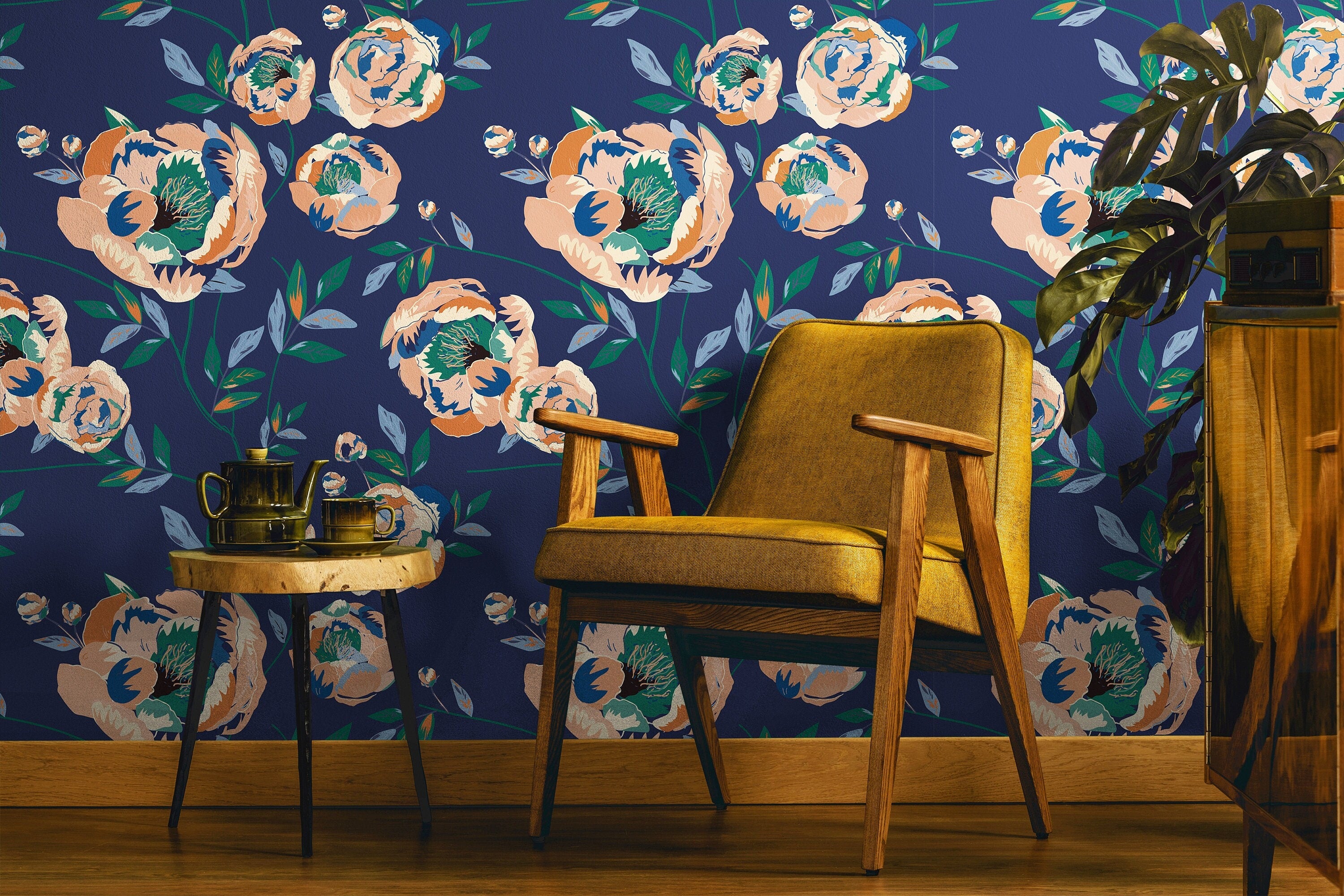 Navy Beige Floral Wallpaper | Wallpaper Peel and Stick | Removable Wallpaper | Peel and Stick Wallpaper | Wall Paper Peel And Stick | 2113 - JamesAndColors