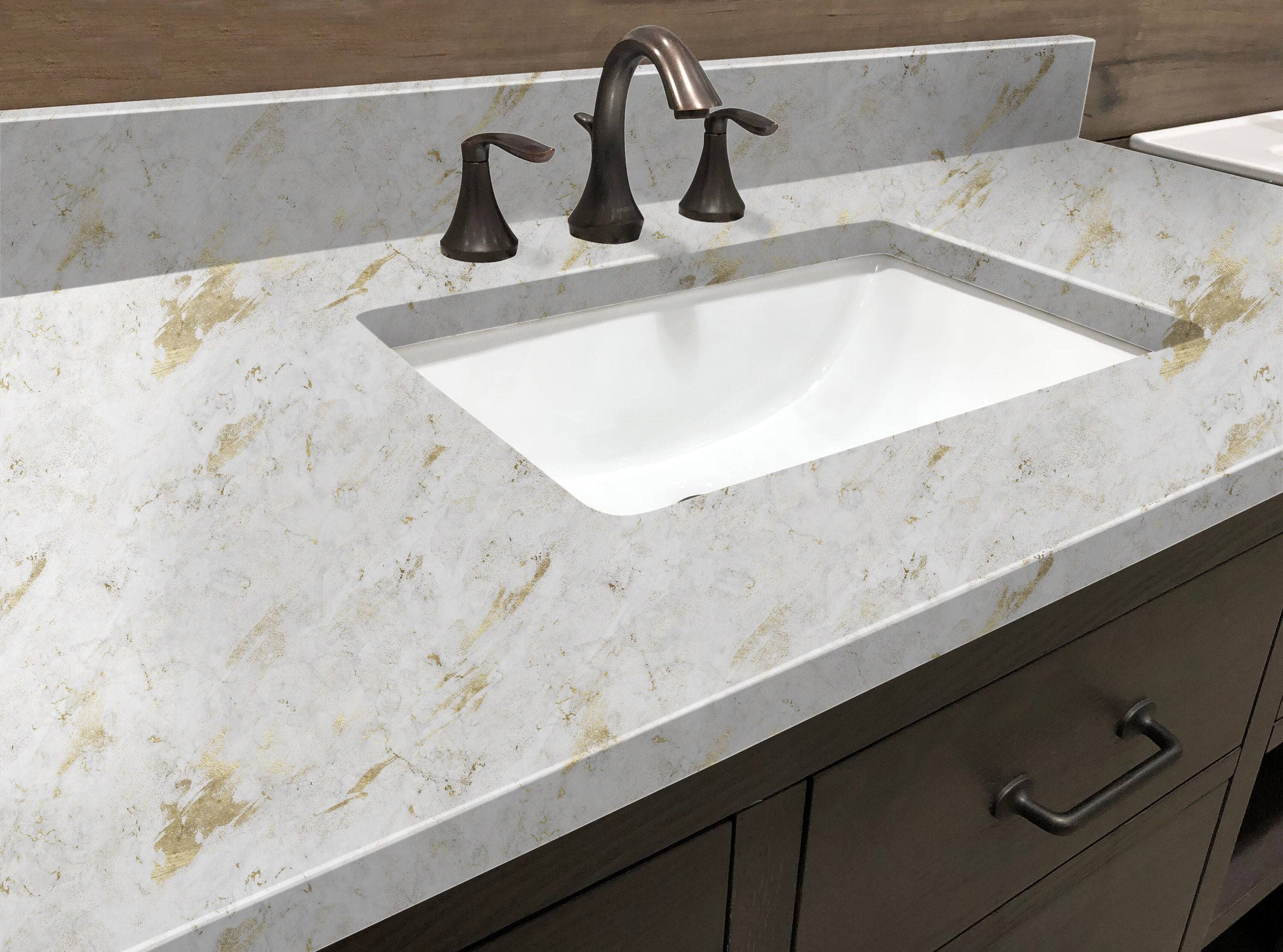 Countertop 7: A luxurious white marble vinyl film with elegant gold veining, perfect for countertops, kitchen backsplashes, or bathroom surfaces. Peel and stick, waterproof, and easy to apply for a modern upgrade.