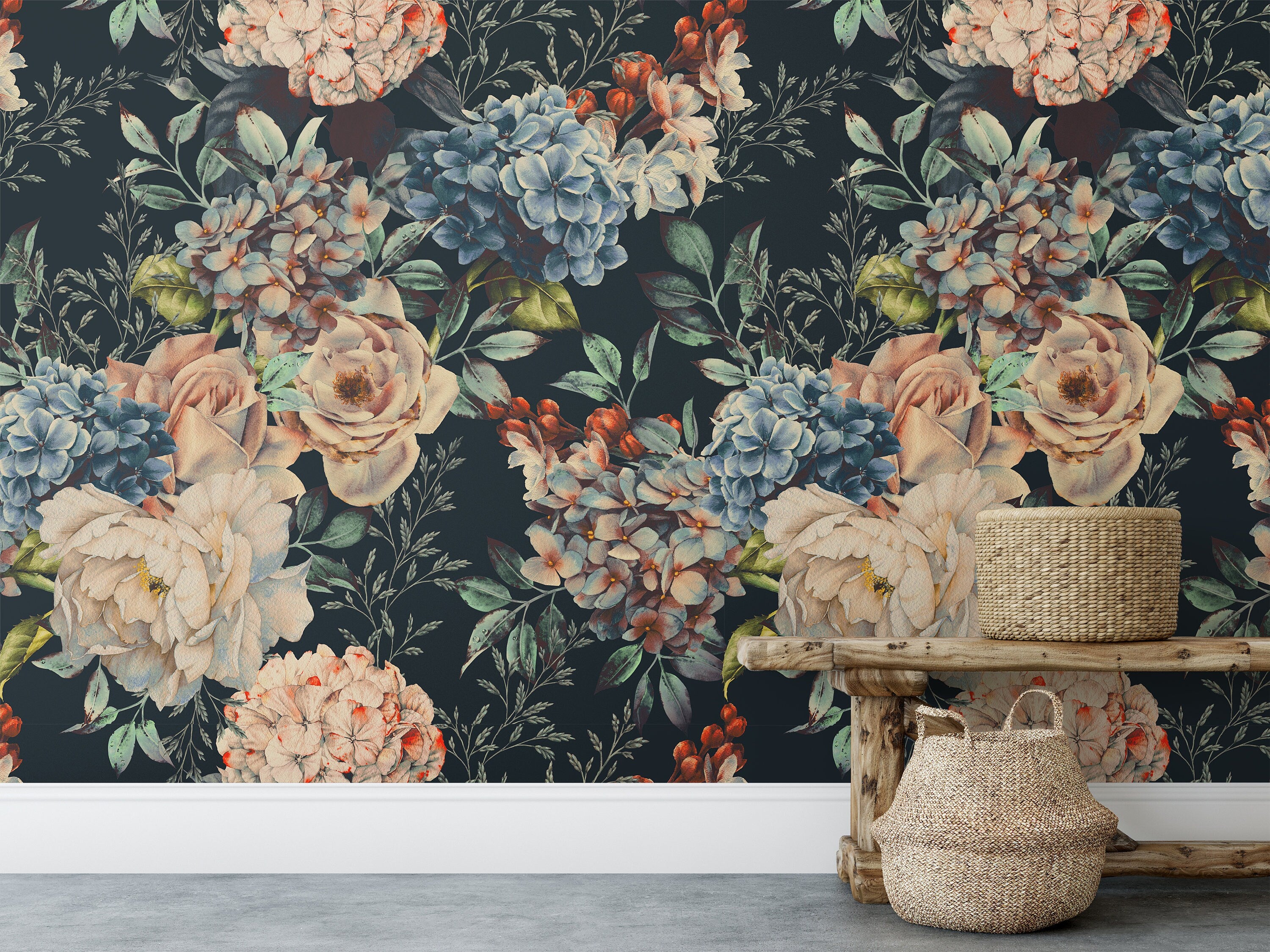 Removable Wallpaper Large Dark Floral Wallpaper | Peel And Stick Wallpaper | Adhesive Wallpaper | Wall Paper Peel Stick Wall Mural 459 - JamesAndColors