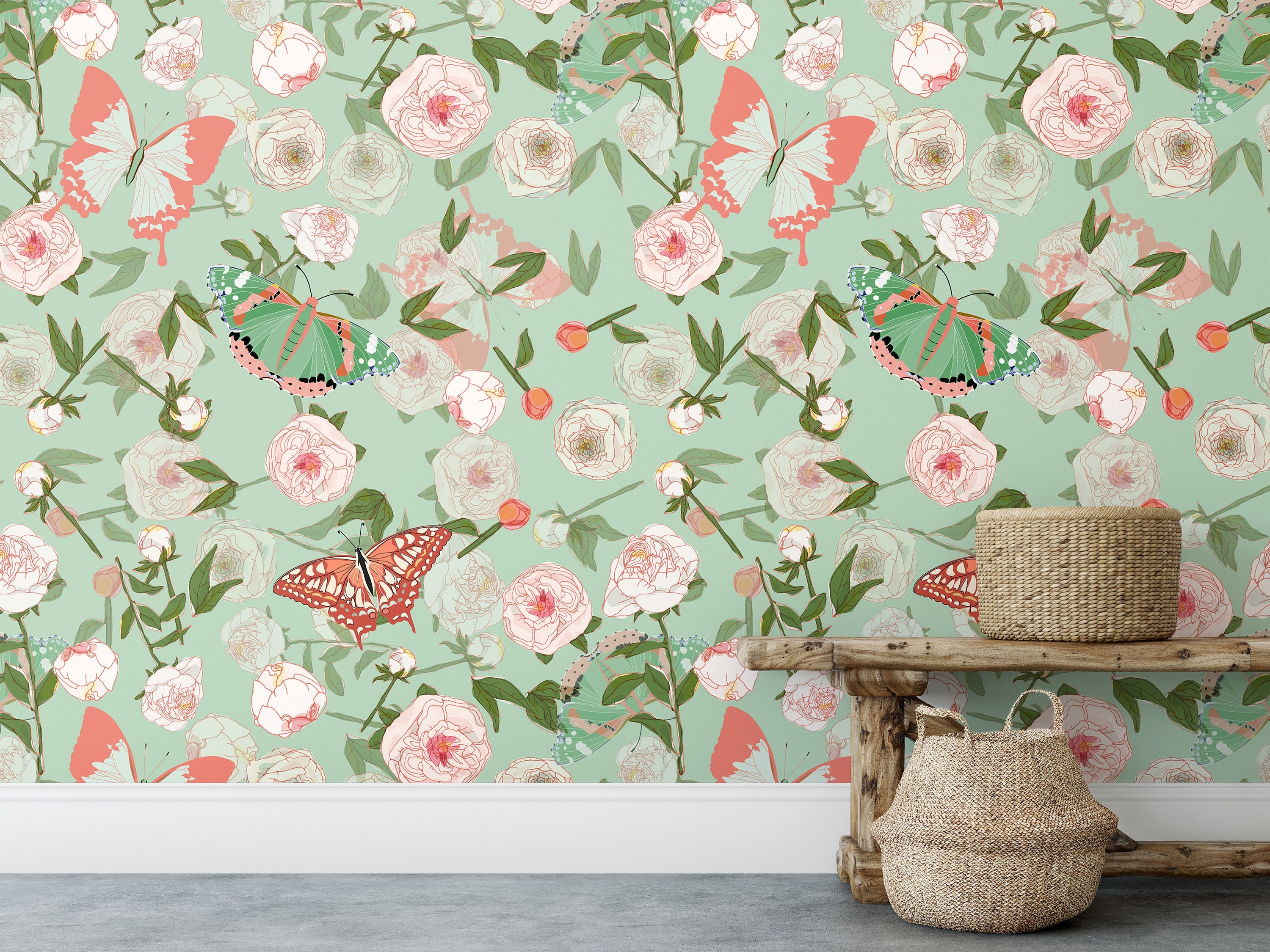 Butterfly Floral Wallpaper | Wallpaper Peel and Stick | Removable