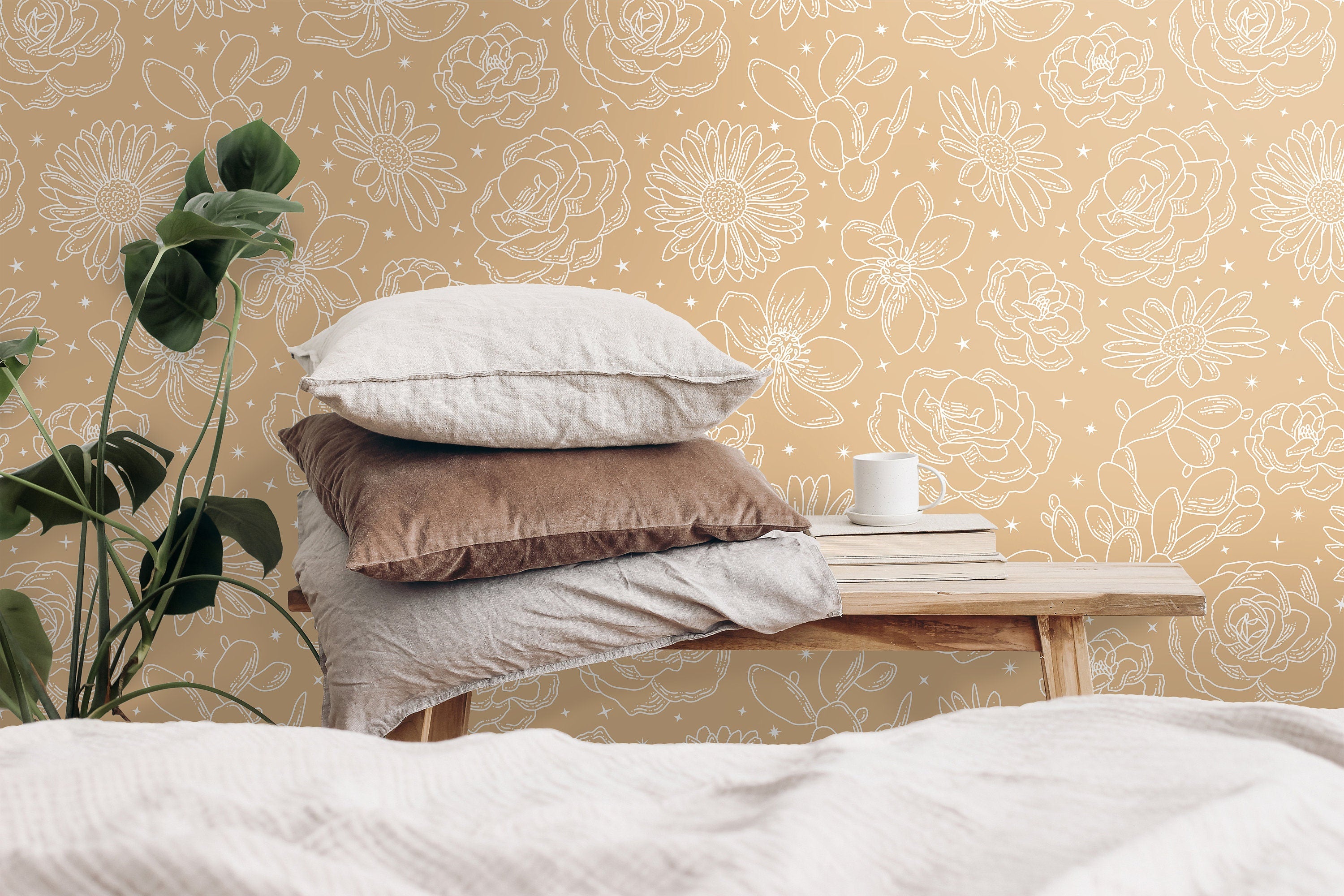 Removable Wallpaper Cream Tan Floral Star Wallpaper | Peel And Stick Wallpaper | Adhesive Wallpaper | Wall Paper Peel Stick Wall Mural 3533 - JamesAndColors