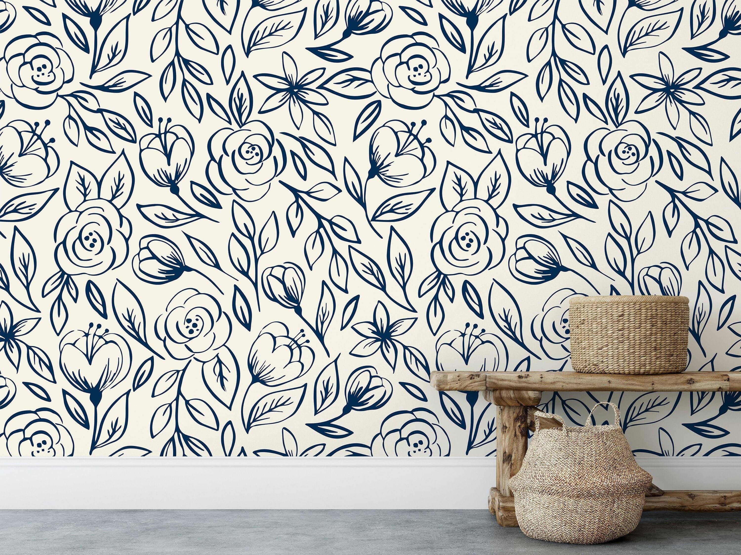 Navy Rose Floral Wallpaper | Removable Wallpaper | Peel And Stick Wallpaper | Adhesive Wallpaper | Wall Paper Peel Stick Wall Mural 2361 - JamesAndColors
