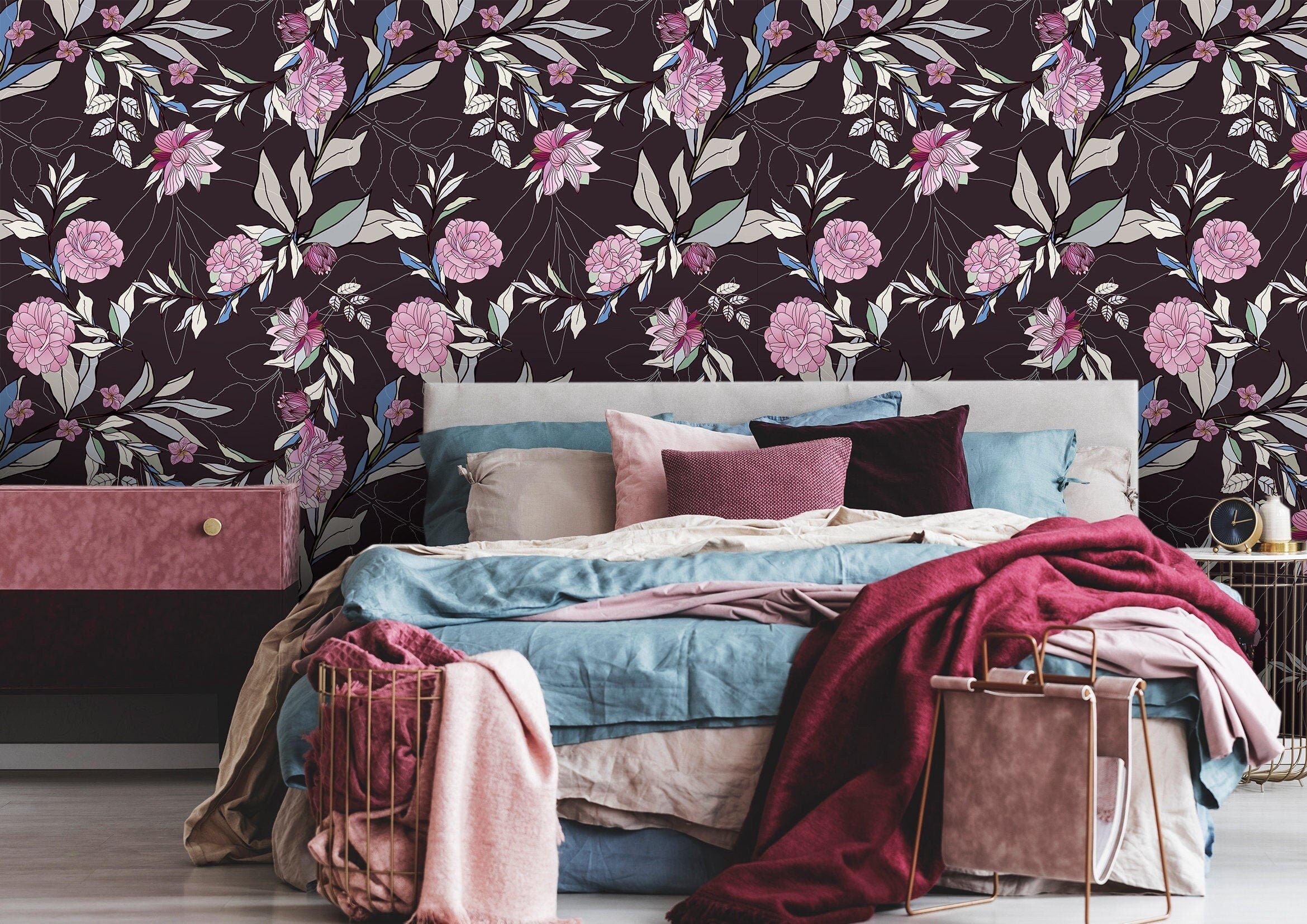 Violet Dark Floral Wallpaper | Wallpaper Peel and Stick | Removable Wallpaper | Peel and Stick Wallpaper | Wall Paper Peel And Stick | 2190 - JamesAndColors