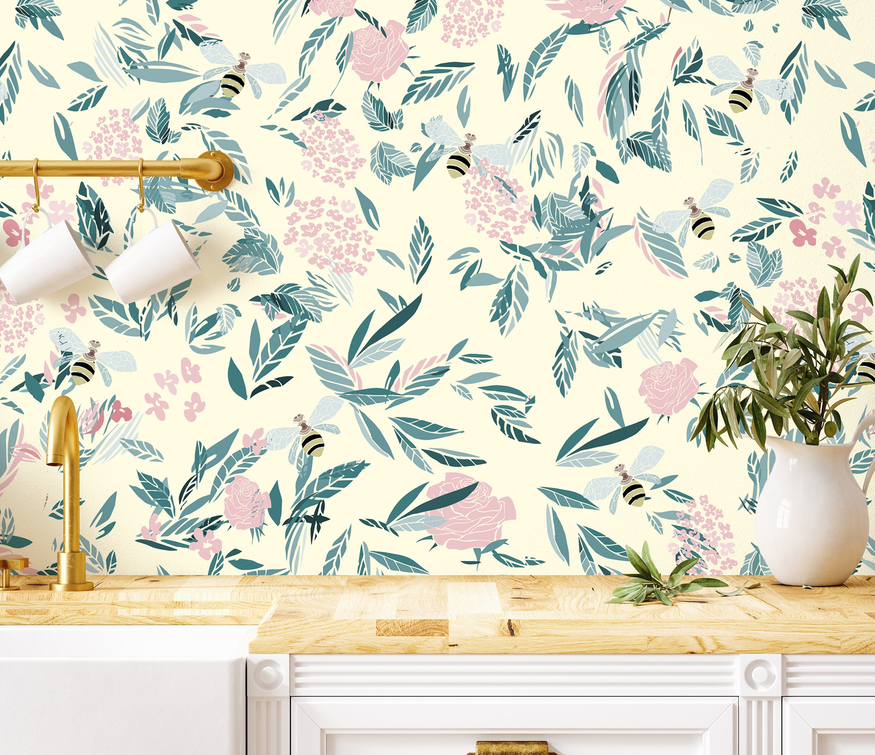 Ivory Bee Floral Wallpaper | Wallpaper Peel and Stick | Removable Wallpaper | Peel and Stick Wallpaper | Wall Paper Peel And Stick | 2169 - JamesAndColors
