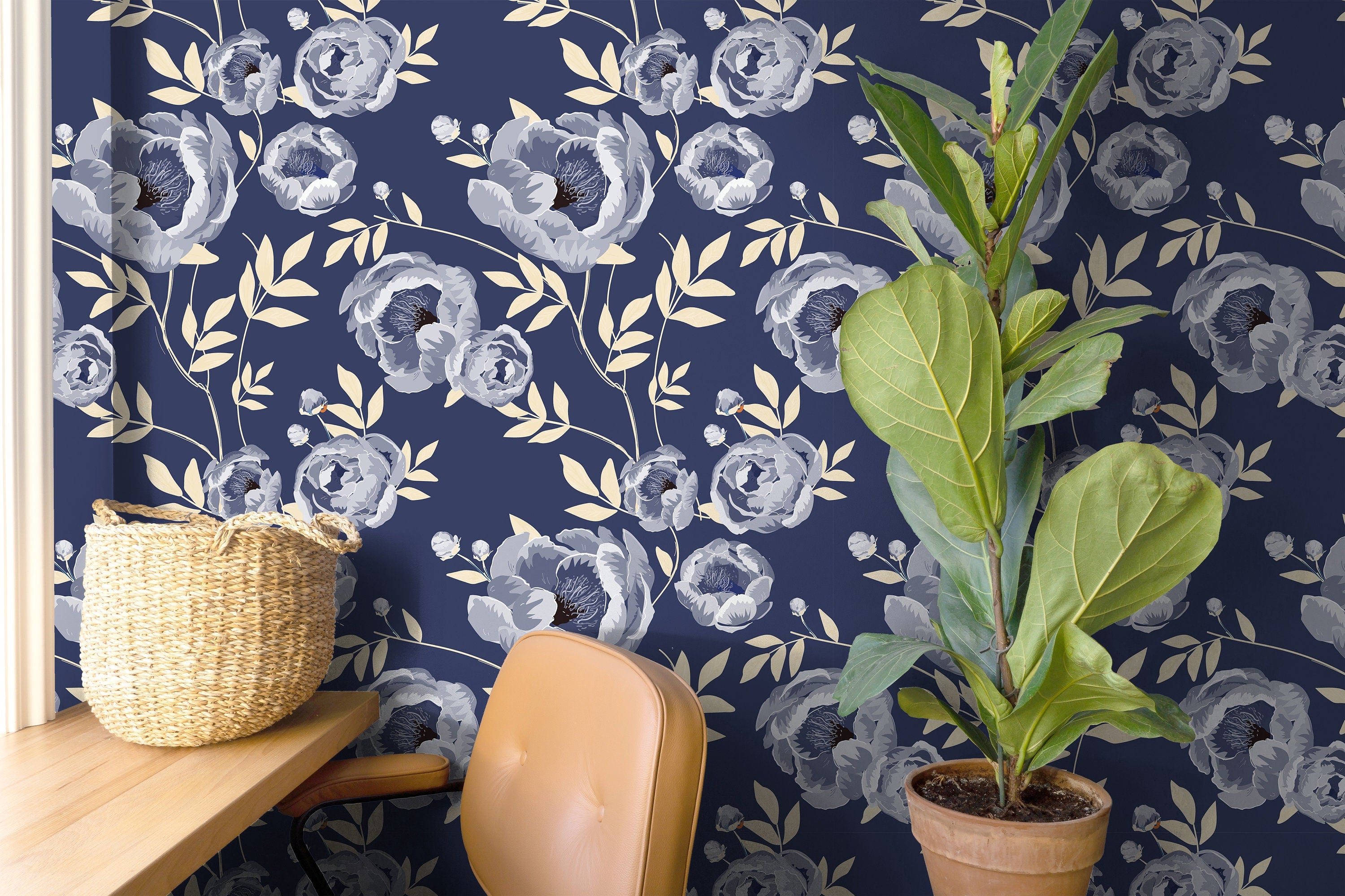 Navy Peony Floral Wallpaper | Wallpaper Peel and Stick | Removable Wallpaper | Peel and Stick Wallpaper | Wall Paper Peel And Stick | 2114 - JamesAndColors