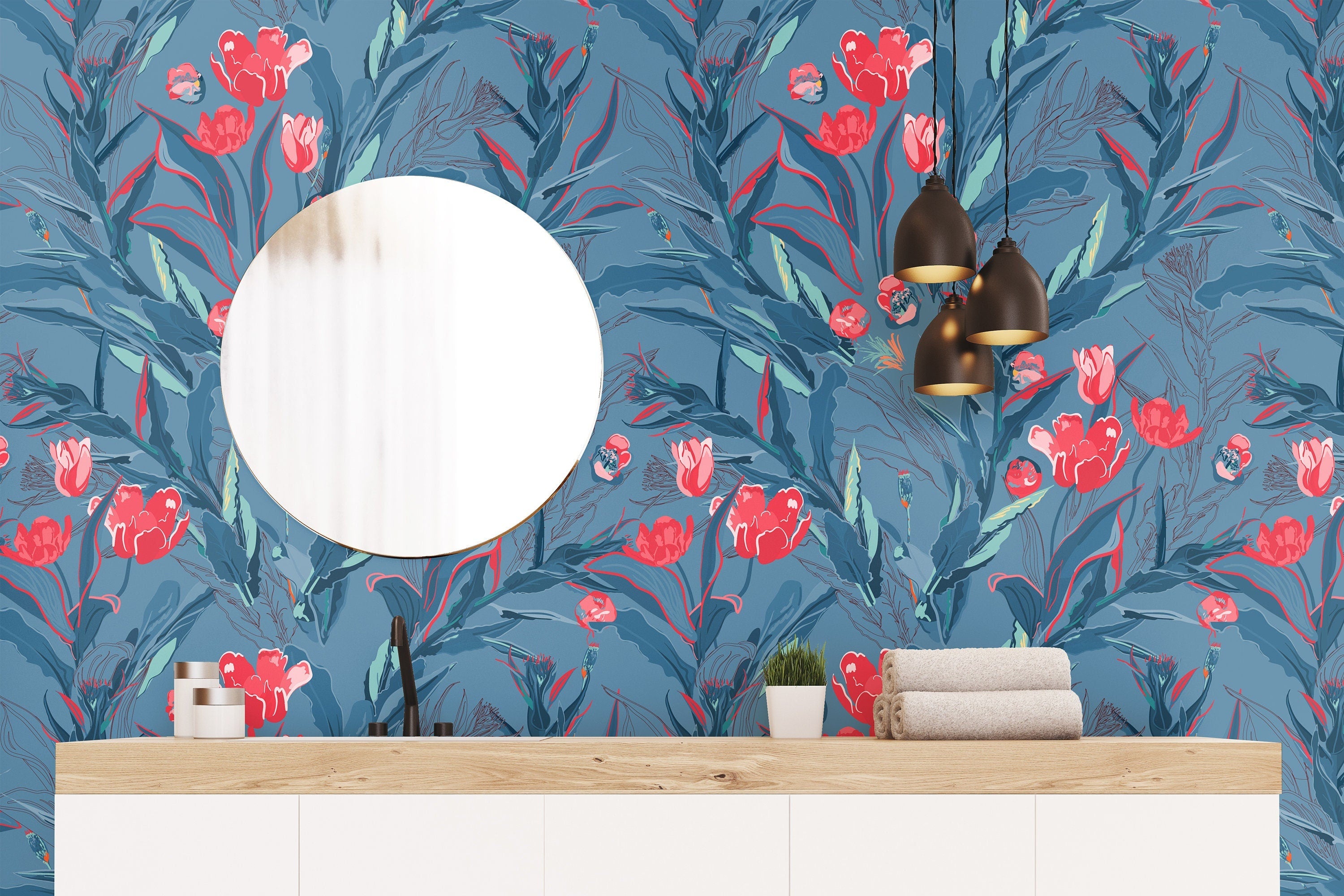 Blue Tulip Floral Wallpaper | Wallpaper Peel and Stick | Removable Wallpaper | Peel and Stick Wallpaper | Wall Paper Peel And Stick | 2121 - JamesAndColors