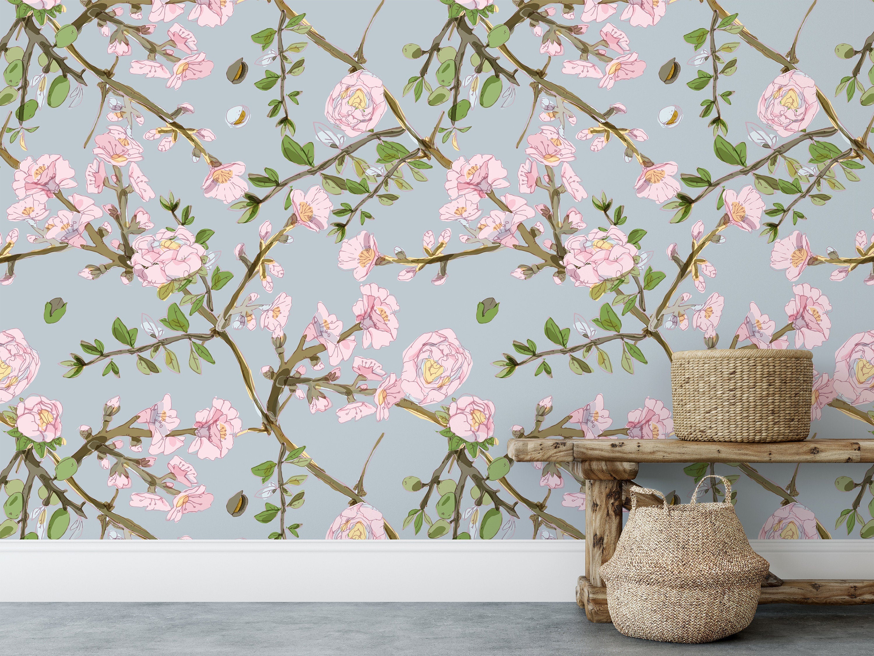 Pink Branch Floral Wallpaper | Wallpaper Peel and Stick | Removable Wallpaper | Peel and Stick Wallpaper | Wall Paper Peel And Stick | 2126 - JamesAndColors