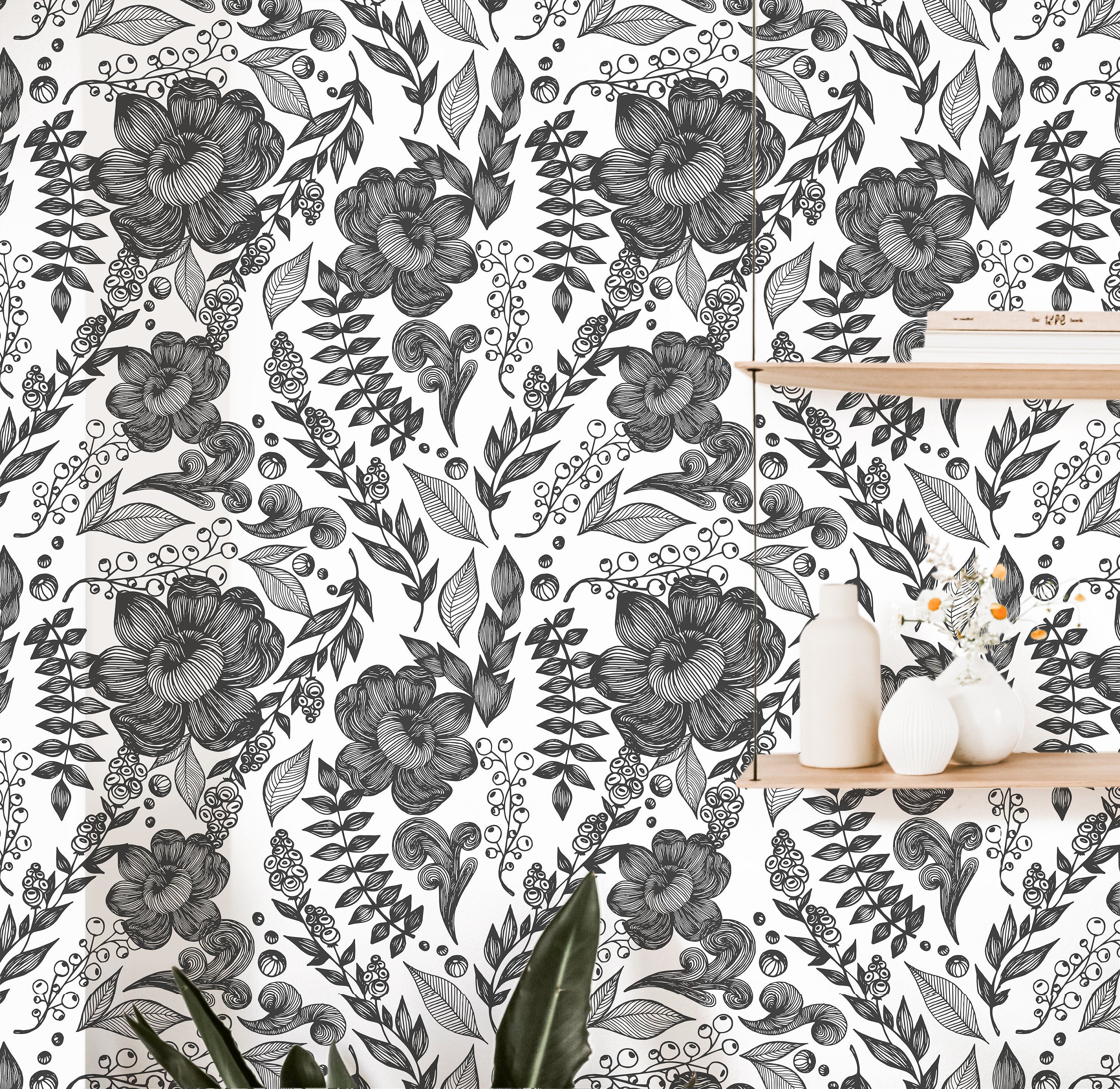 Black White Floral Outline Floral Wallpaper | Peel And Stick Wallpaper | Adhesive Wallpaper | Wall Paper | Peel Stick Wall Mural 3597 - JamesAndColors