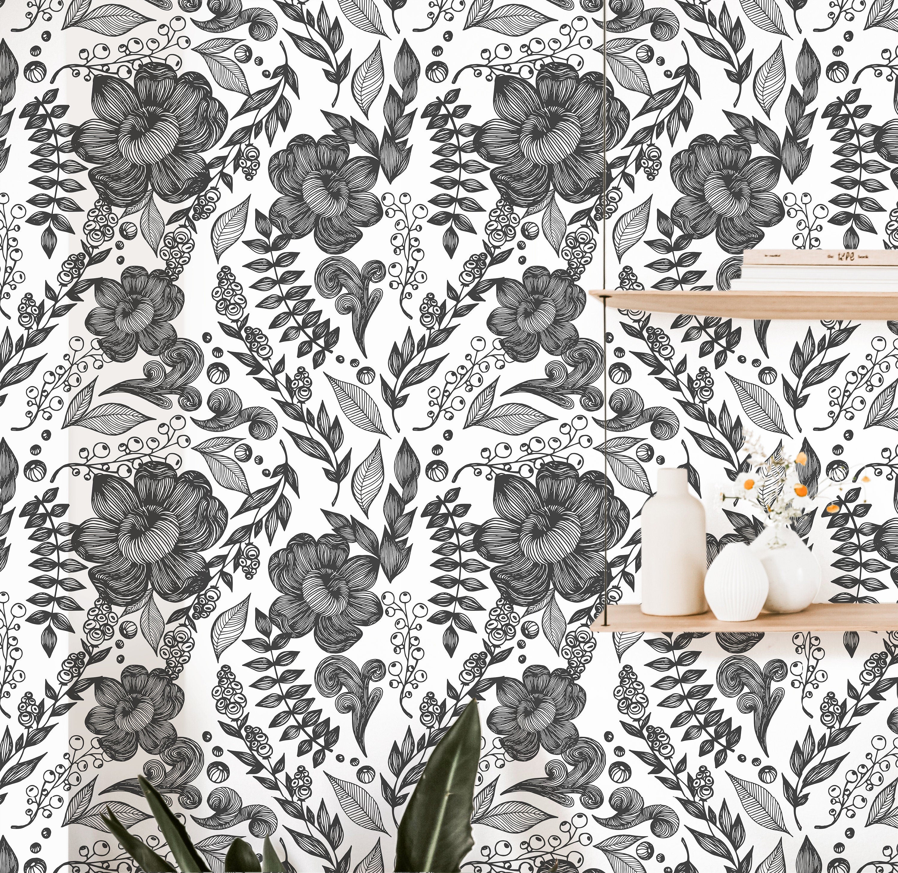 Black White Floral Outline Floral Wallpaper | Peel And Stick Wallpaper | Adhesive Wallpaper | Wall Paper | Peel Stick Wall Mural 3597 - JamesAndColors