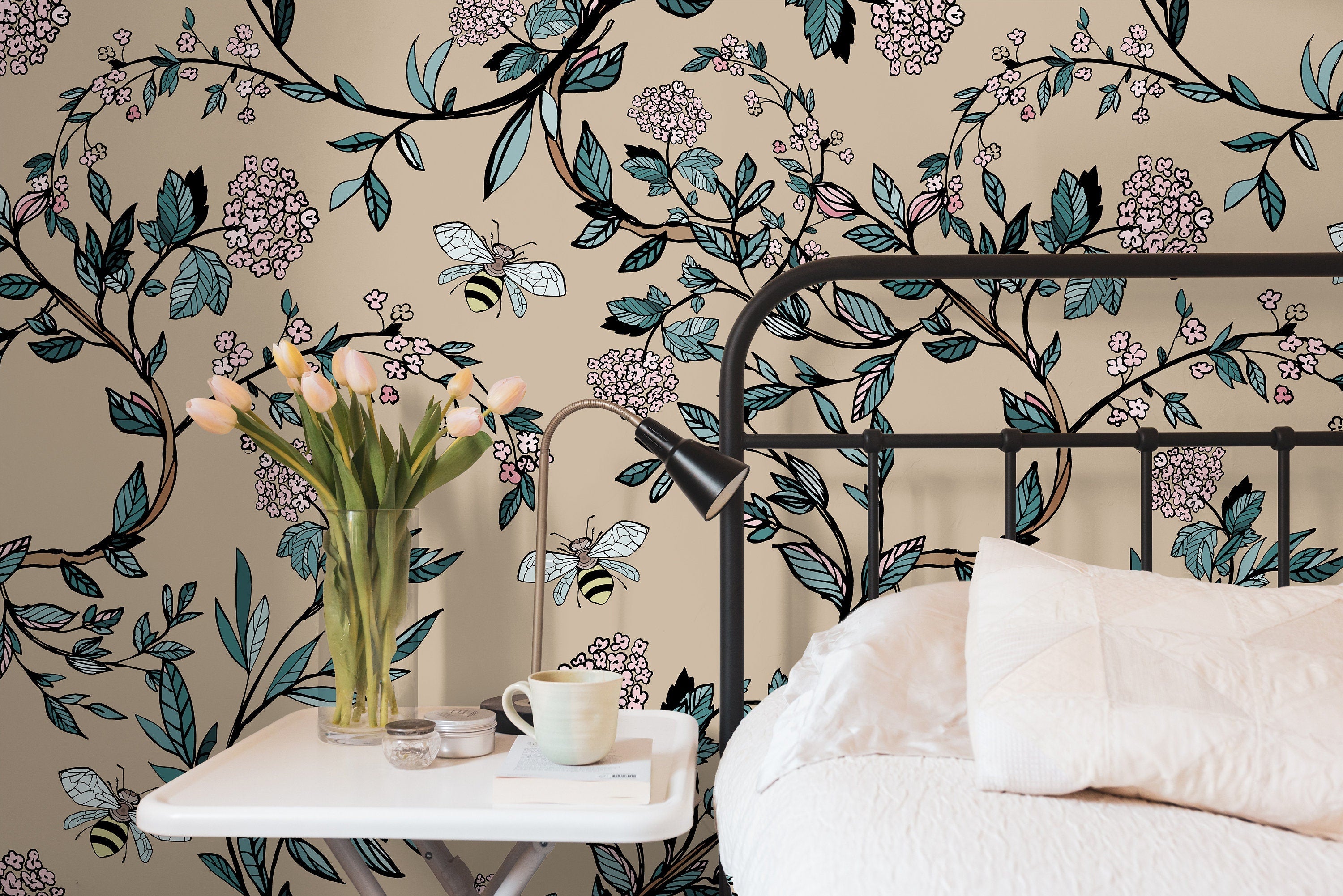 Bees Vine Floral Wallpaper | Wallpaper Peel and Stick | Removable Wallpaper | Peel and Stick Wallpaper | Wall Paper Peel And Stick | 2200 - JamesAndColors