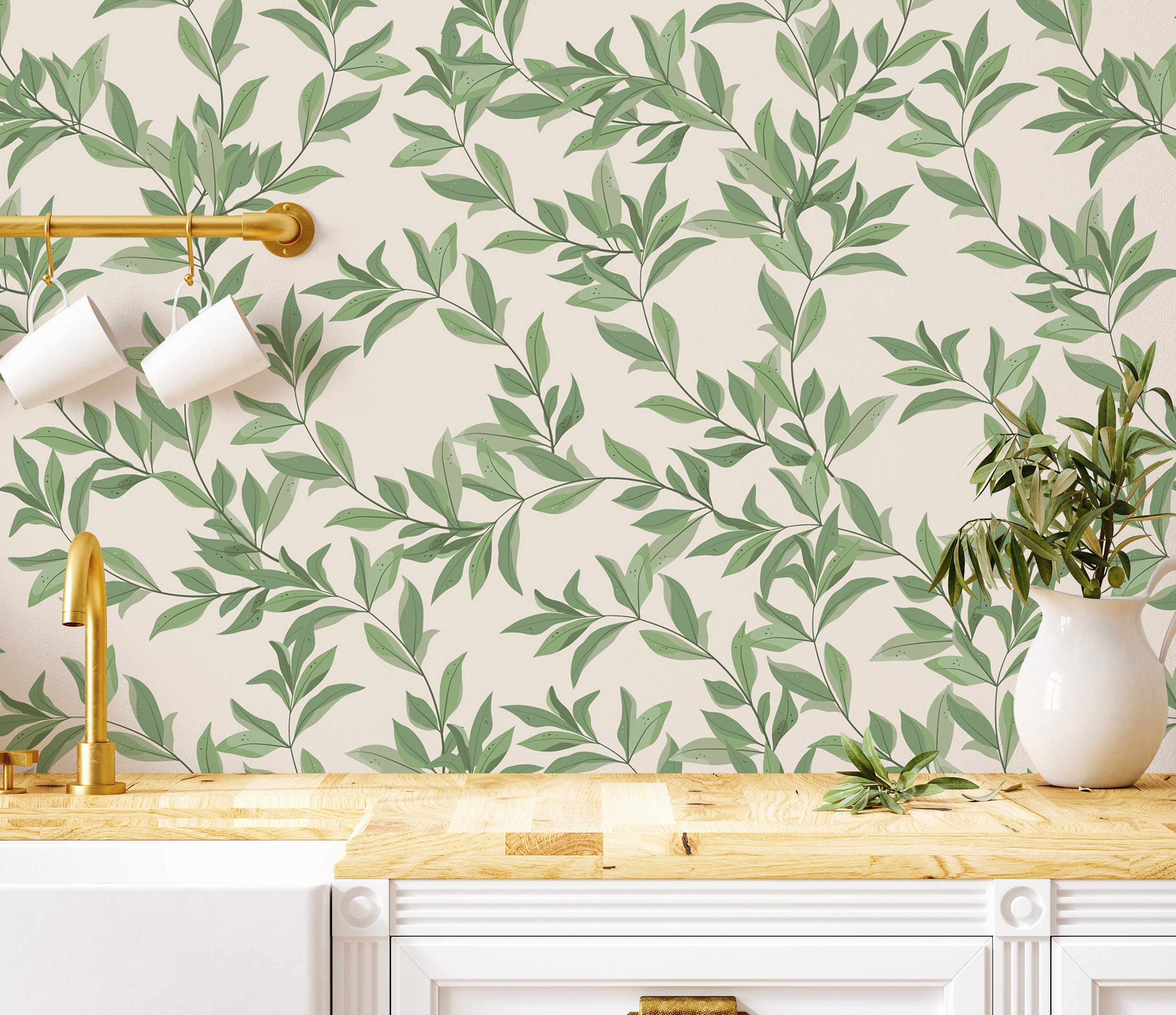 Beige Green Foliage Wallpaper, Removable Wallpaper