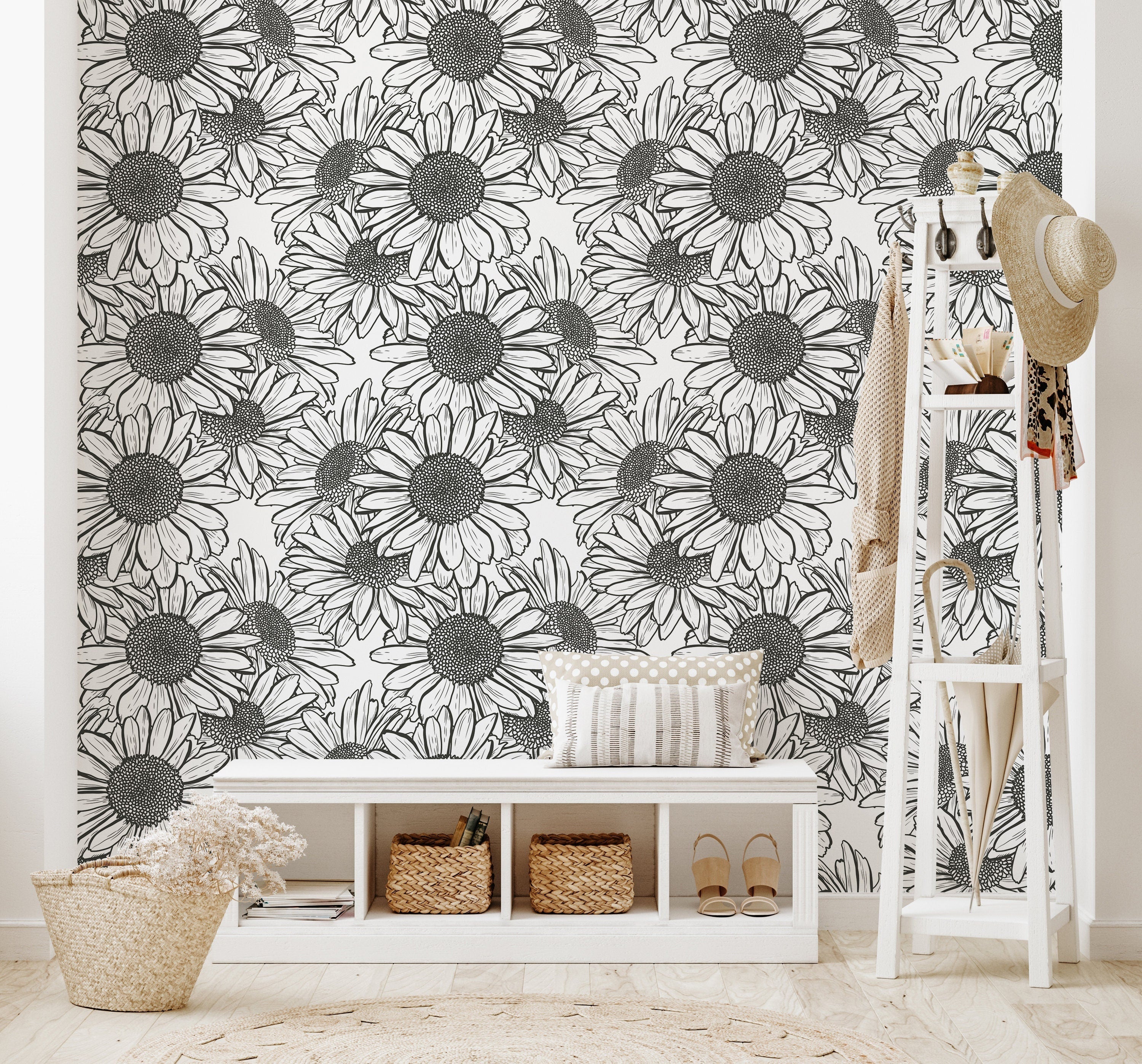 Black White Sunflower Wallpaper | Wallpaper Peel and Stick | Removable Wallpaper | Wall Paper Peel And Stick | Wall Mural | Wall Decor 144 - JamesAndColors