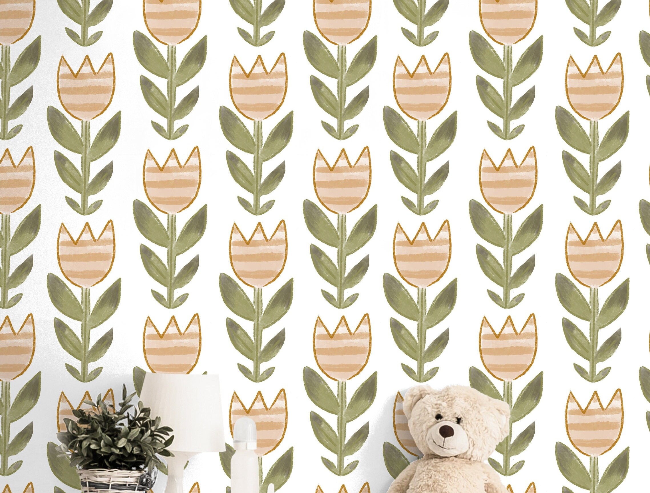 Tulip Pattern Wallpaper | Girls Nursery Wallpaper | Kids Wallpaper | Childrens Wallpaper | Peel Stick Wallpaper | Removable Wallpaper | 3634 - JamesAndColors
