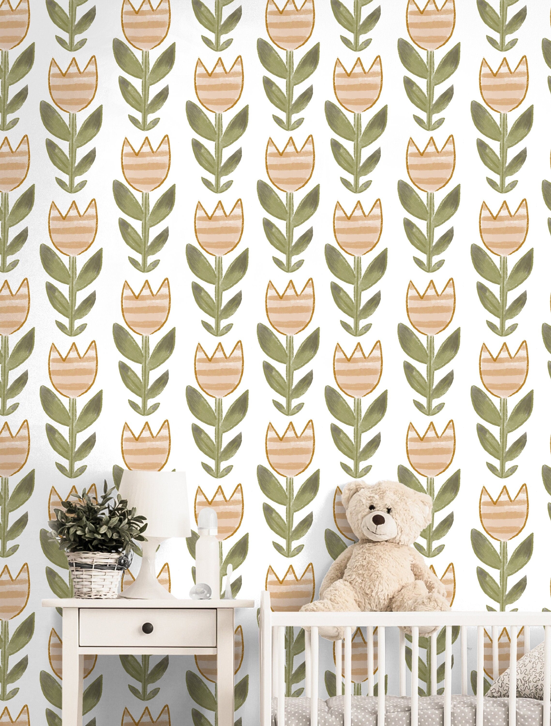 Tulip Pattern Wallpaper | Girls Nursery Wallpaper | Kids Wallpaper | Childrens Wallpaper | Peel Stick Wallpaper | Removable Wallpaper | 3634 - JamesAndColors