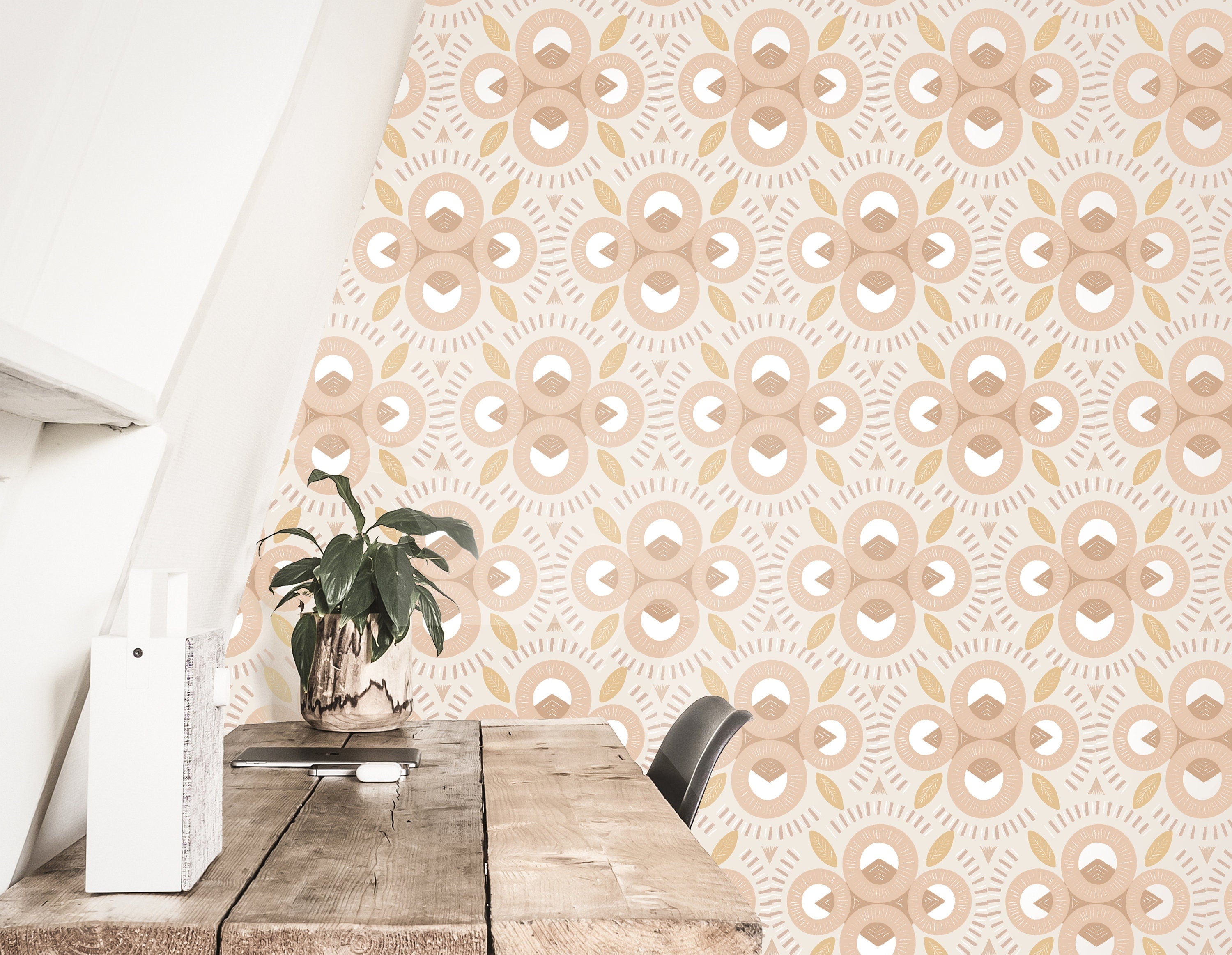 Tan Boho Geometric Wallpaper | Removable Wallpaper | Peel And Stick Wallpaper | Adhesive Wallpaper | Wall Paper Peel Stick Wall Mural 3627 - JamesAndColors