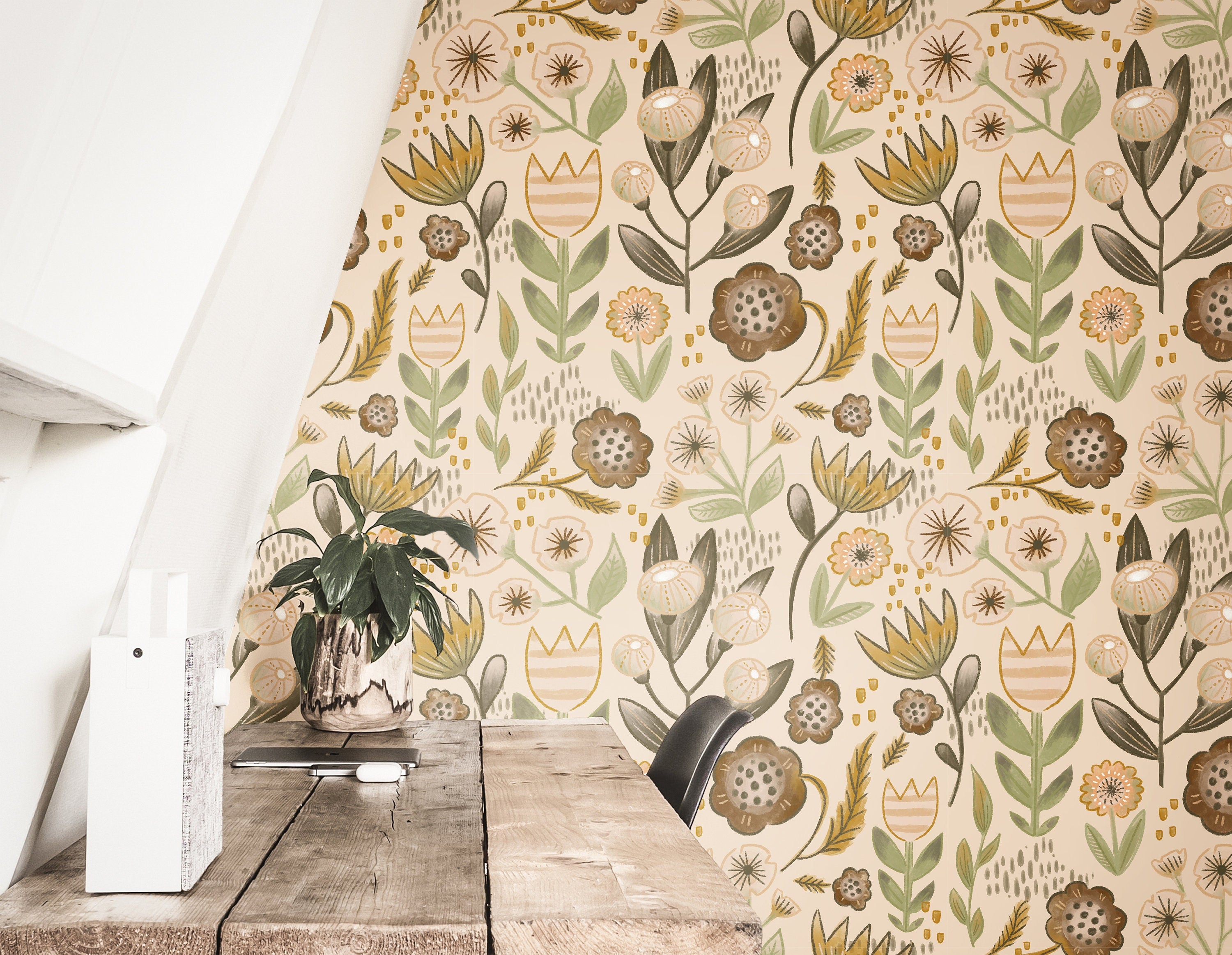 Tan Farmhouse Floral Wallpaper | Removable Wallpaper | Peel And Stick Wallpaper | Adhesive Wallpaper | Wall Paper Peel Stick Wall Mural 3626 - JamesAndColors