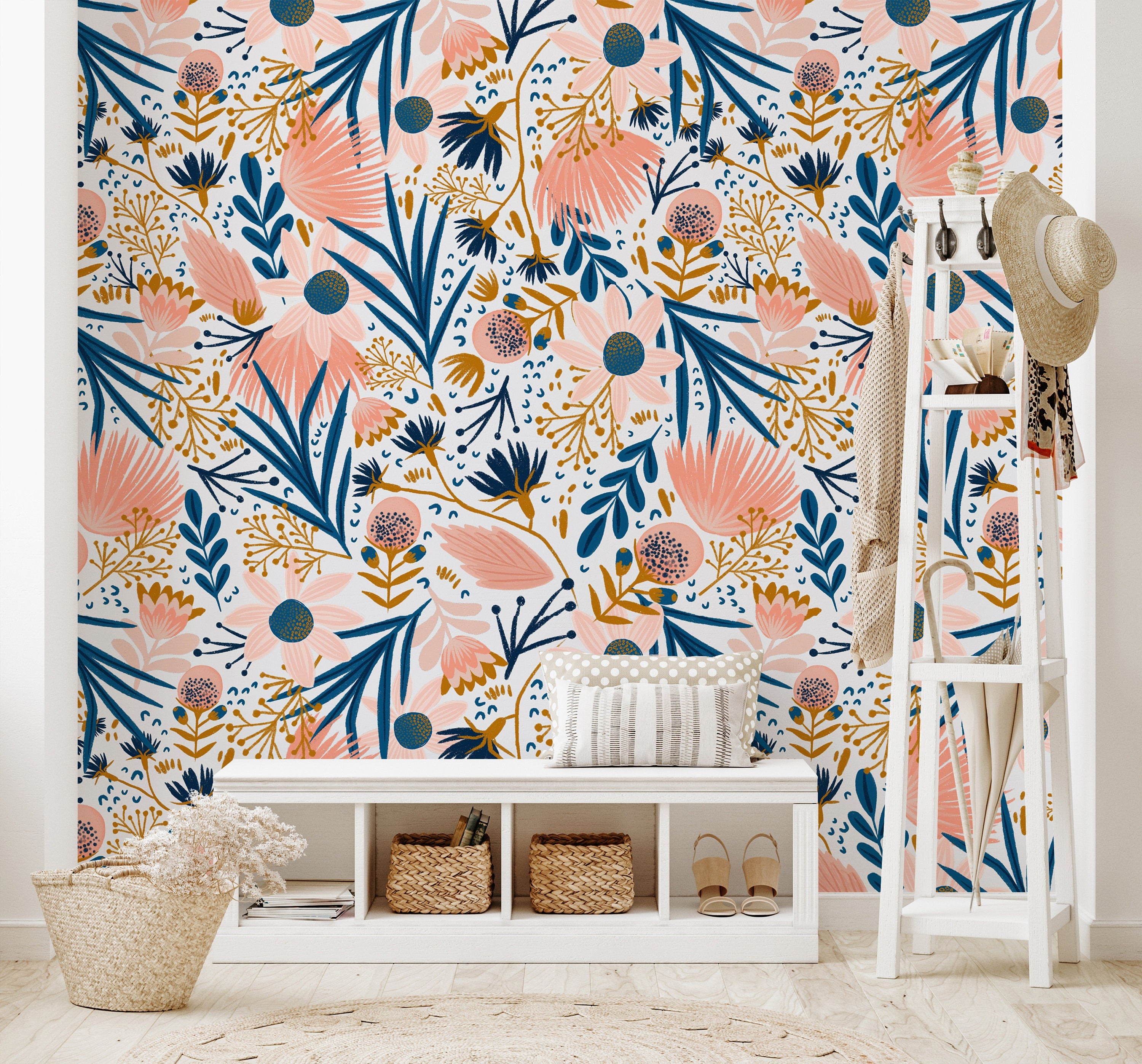 Pink And Navy Floral Wallpaper | Removable Wallpaper | Peel And Stick Wallpaper | Adhesive Wallpaper | Wall Paper Peel Stick Wall Mural 3620 - JamesAndColors
