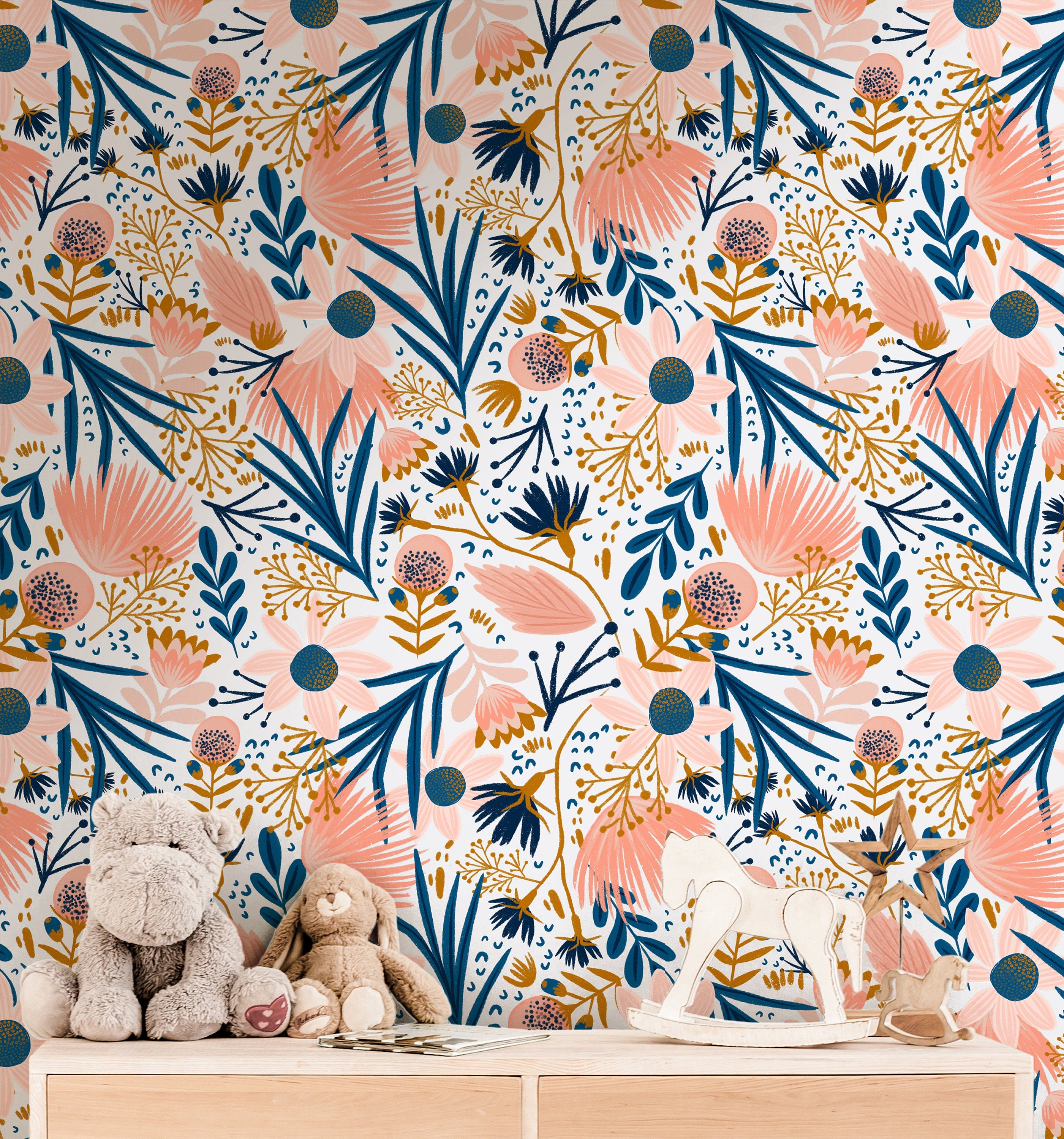 Pink And Navy Floral Wallpaper | Removable Wallpaper | Peel And Stick Wallpaper | Adhesive Wallpaper | Wall Paper Peel Stick Wall Mural 3620 - JamesAndColors