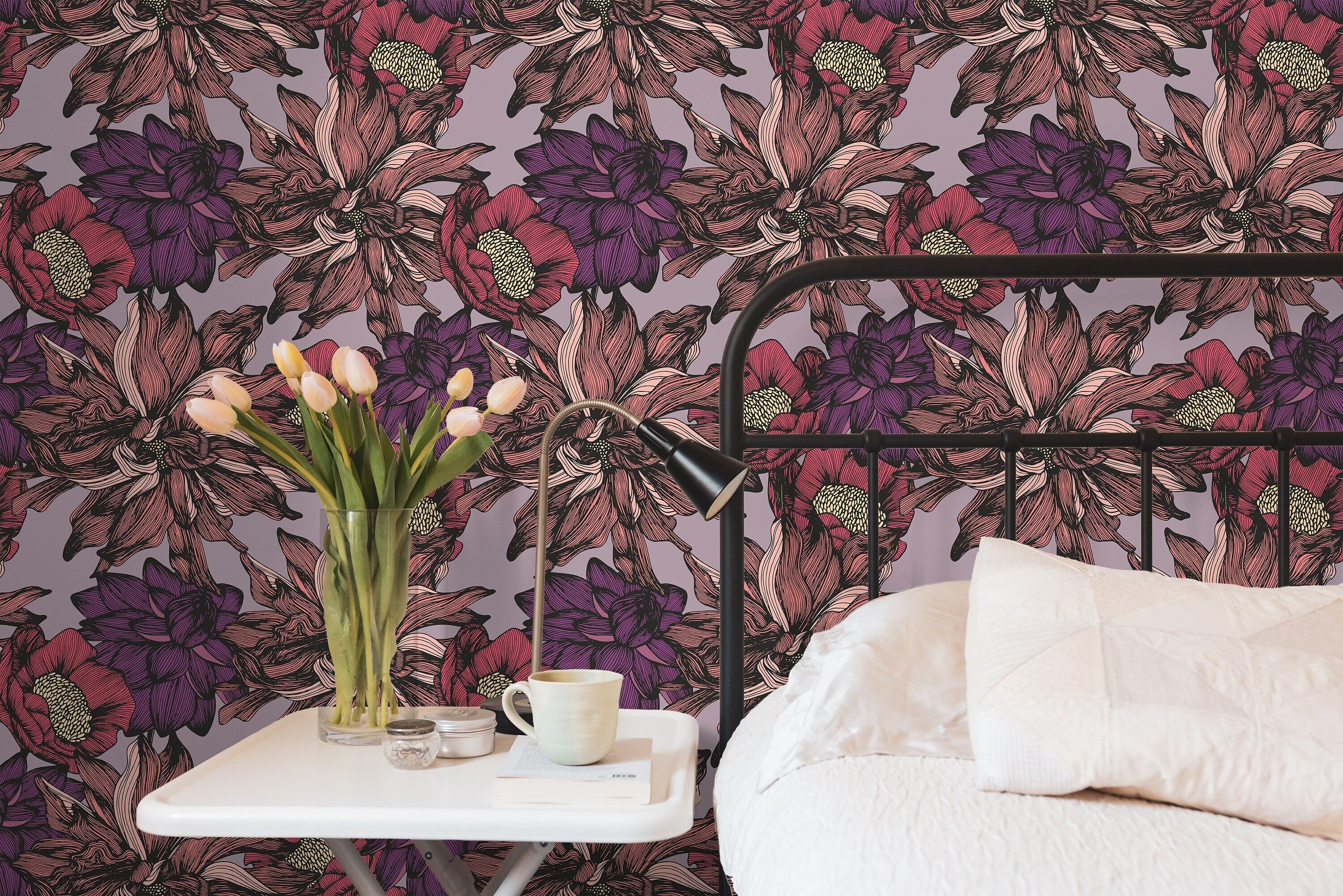 Removable Wallpaper Dark Purple Floral Wallpaper | Peel And Stick Wallpaper | Adhesive Wallpaper | Wall Paper | Peel Stick Wall Mural 3592 - JamesAndColors