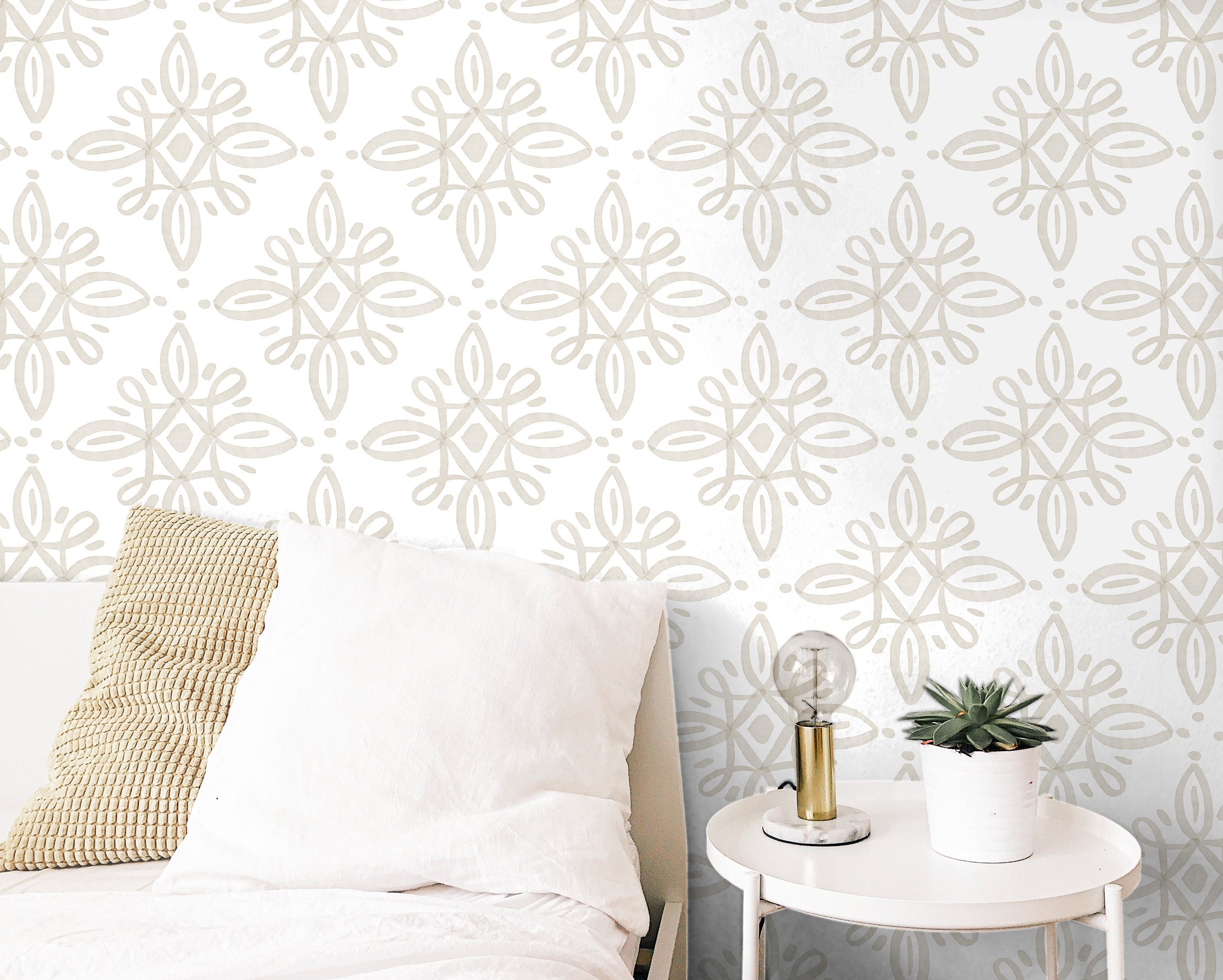 Tan White Deco Boho Wallpaper | Removable Wallpaper | Peel And Stick Wallpaper | Adhesive Wallpaper | Wall Paper Peel Stick Wall Mural 3606 - JamesAndColors