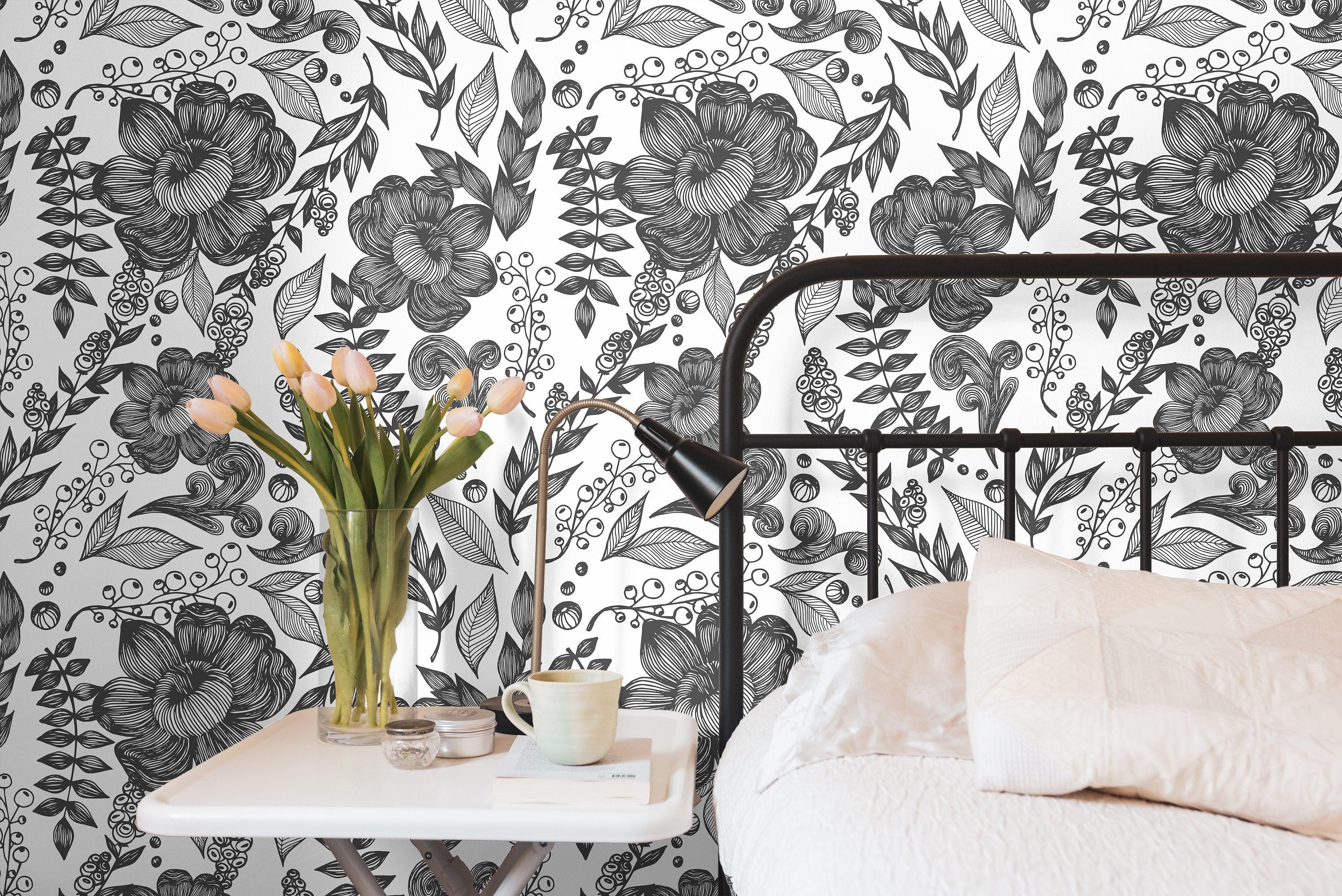 Black White Floral Outline Floral Wallpaper | Peel And Stick Wallpaper | Adhesive Wallpaper | Wall Paper | Peel Stick Wall Mural 3597 - JamesAndColors