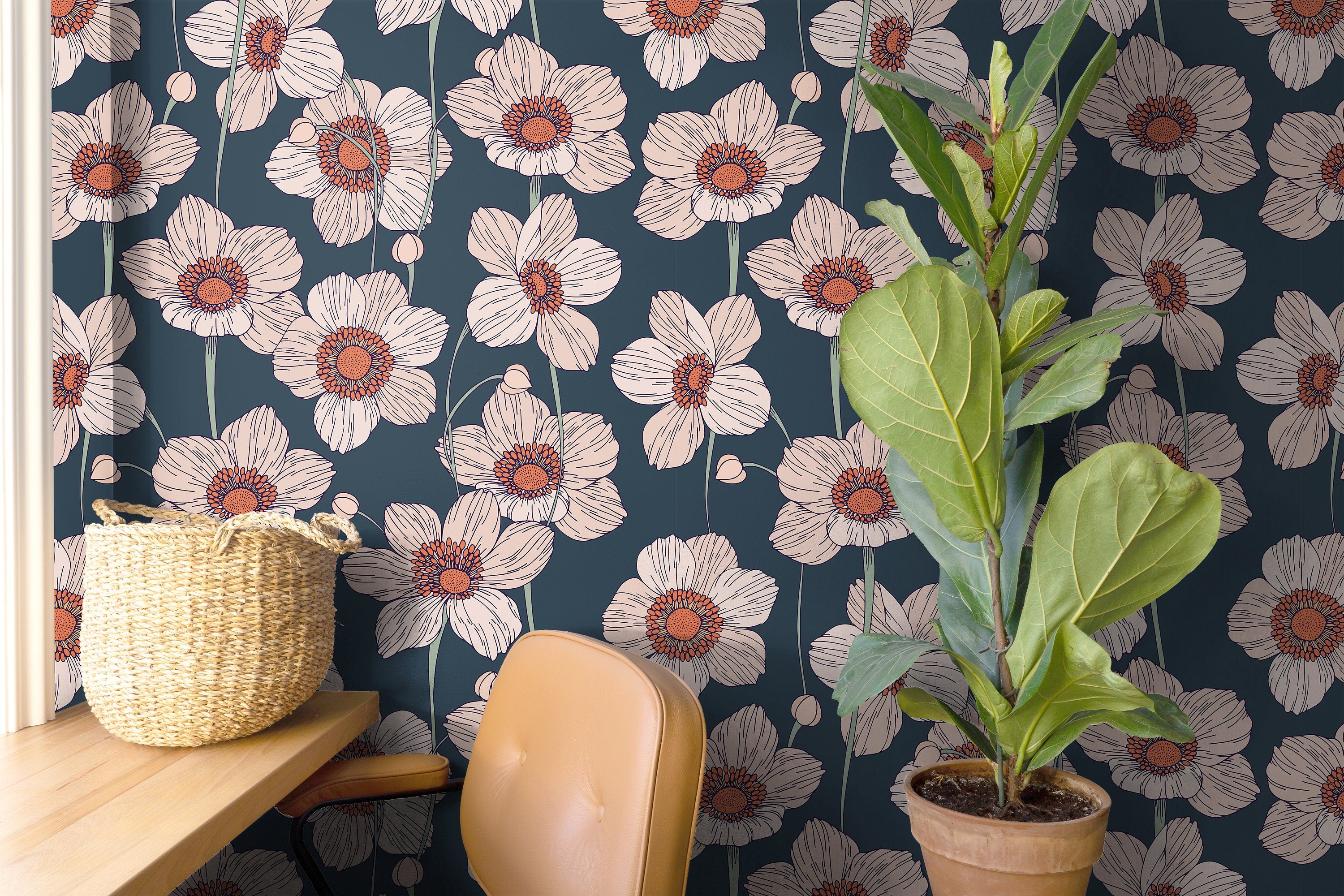 Removable Wallpaper Large Navy Poppy Floral | Peel And Stick Wallpaper| Wallpaper Mural | Tropical Wallpaper | Wall Decor 3594 - JamesAndColors