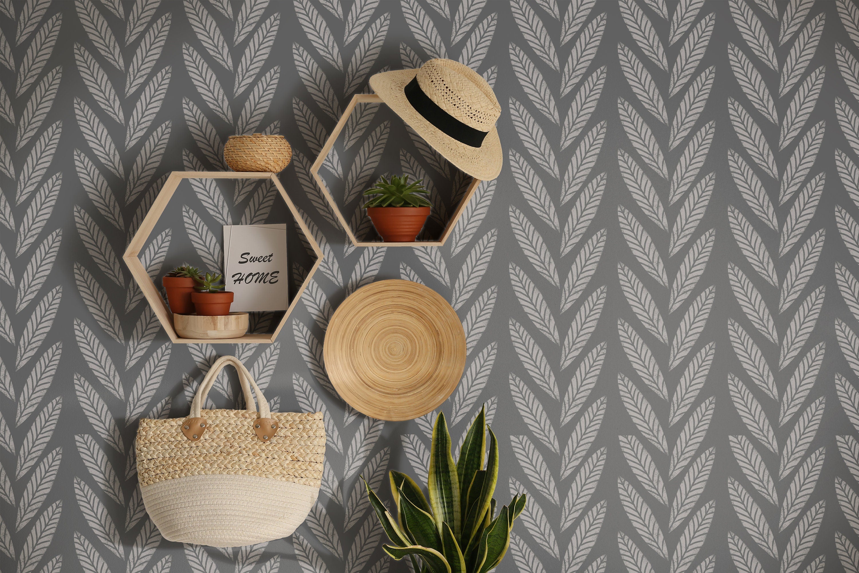 Dark Gray Boho Leaf Wallpaper Peel and Stick Wallpaper Removable Wallpaper Wall Decor Home Decor Wall Art Printable Wall Art Room Decor 3676 - JamesAndColors
