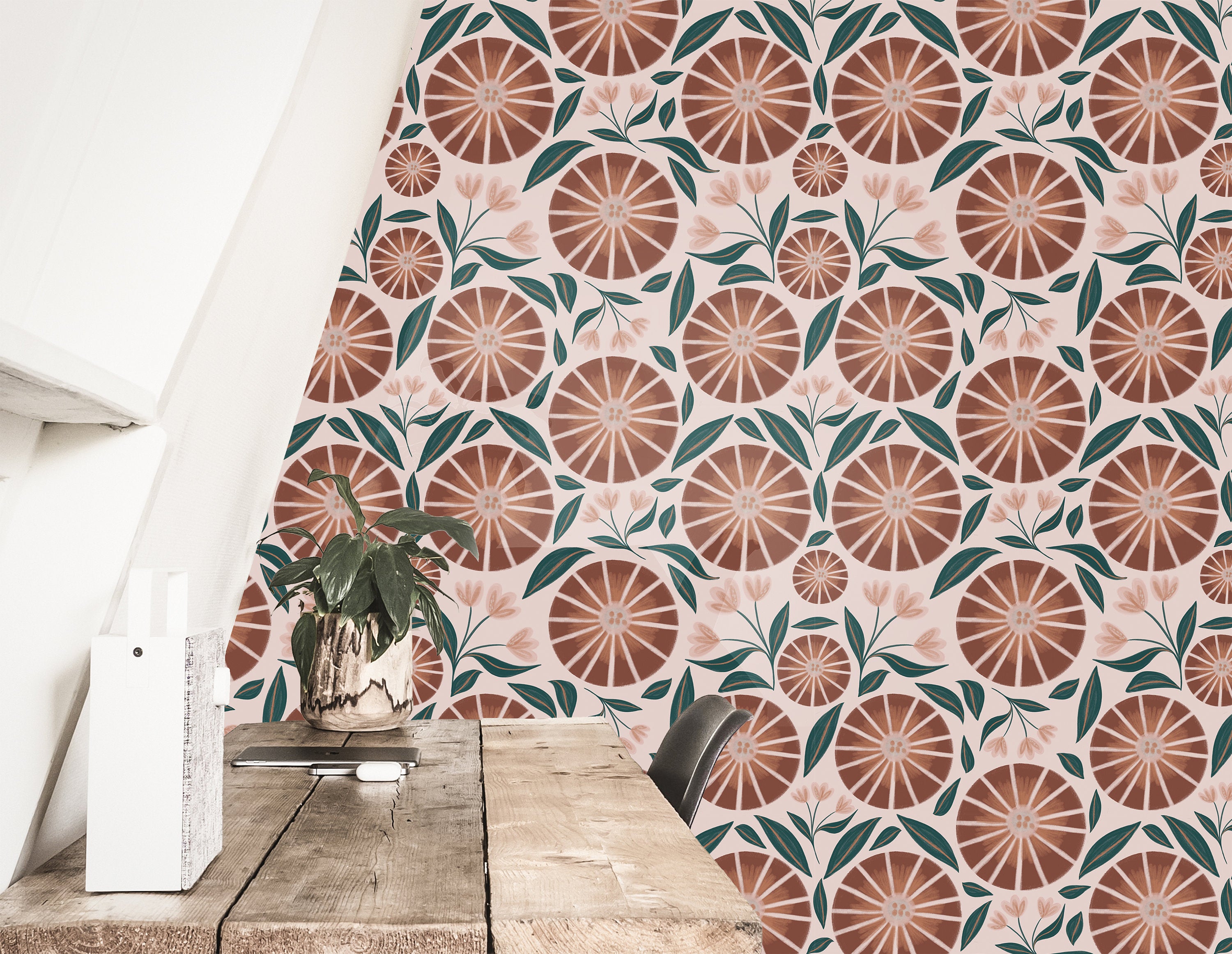 Boho Terracotta Floral Wallpaper Peel and Stick Wallpaper Removable Wallpaper Wall Decor Home Decor Wall Art Wall Art Room Decor 3687 - JamesAndColors