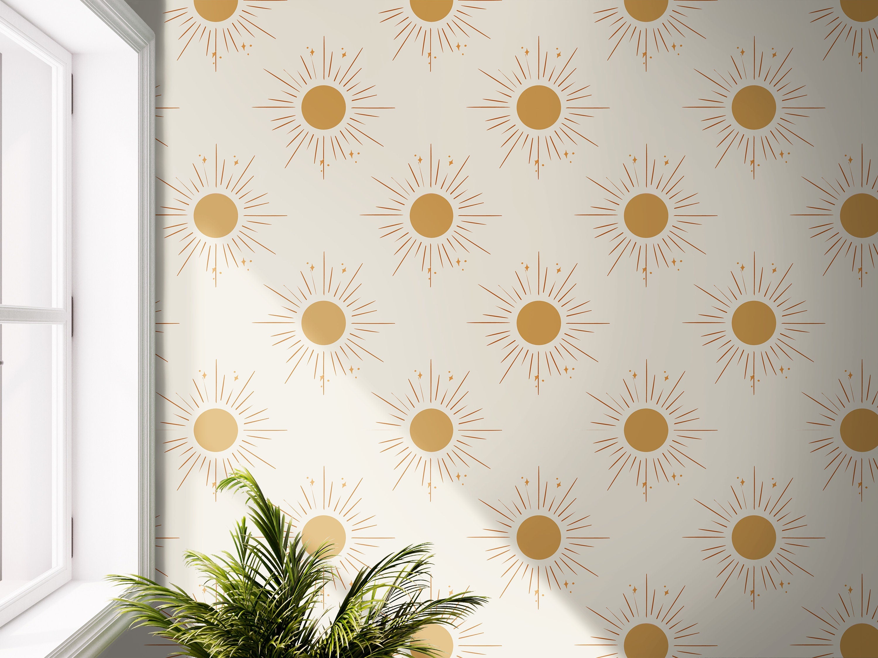 Wallpaper 3689: Neutral-toned wallpaper featuring a repeating sunburst pattern with golden sun illustrations, adding a warm, boho-inspired touch to any room.