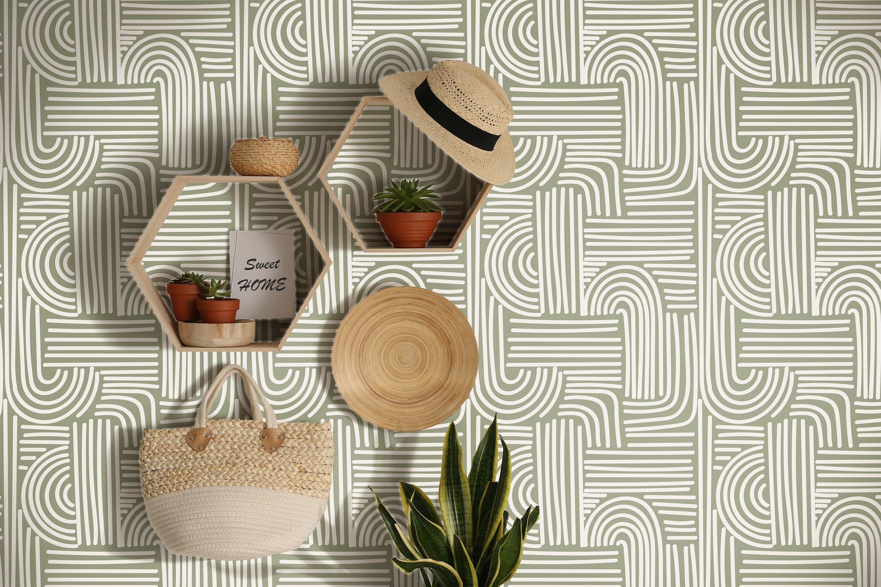 Wallpaper 3691: A stylish modern wallpaper featuring a hand-drawn geometric line pattern in sage green and white. The intricate arch design adds a touch of Scandinavian minimalism and boho charm to living spaces, offices, and bedrooms.