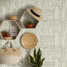 Wallpaper 3691: A stylish modern wallpaper featuring a hand-drawn geometric line pattern in sage green and white. The intricate arch design adds a touch of Scandinavian minimalism and boho charm to living spaces, offices, and bedrooms.