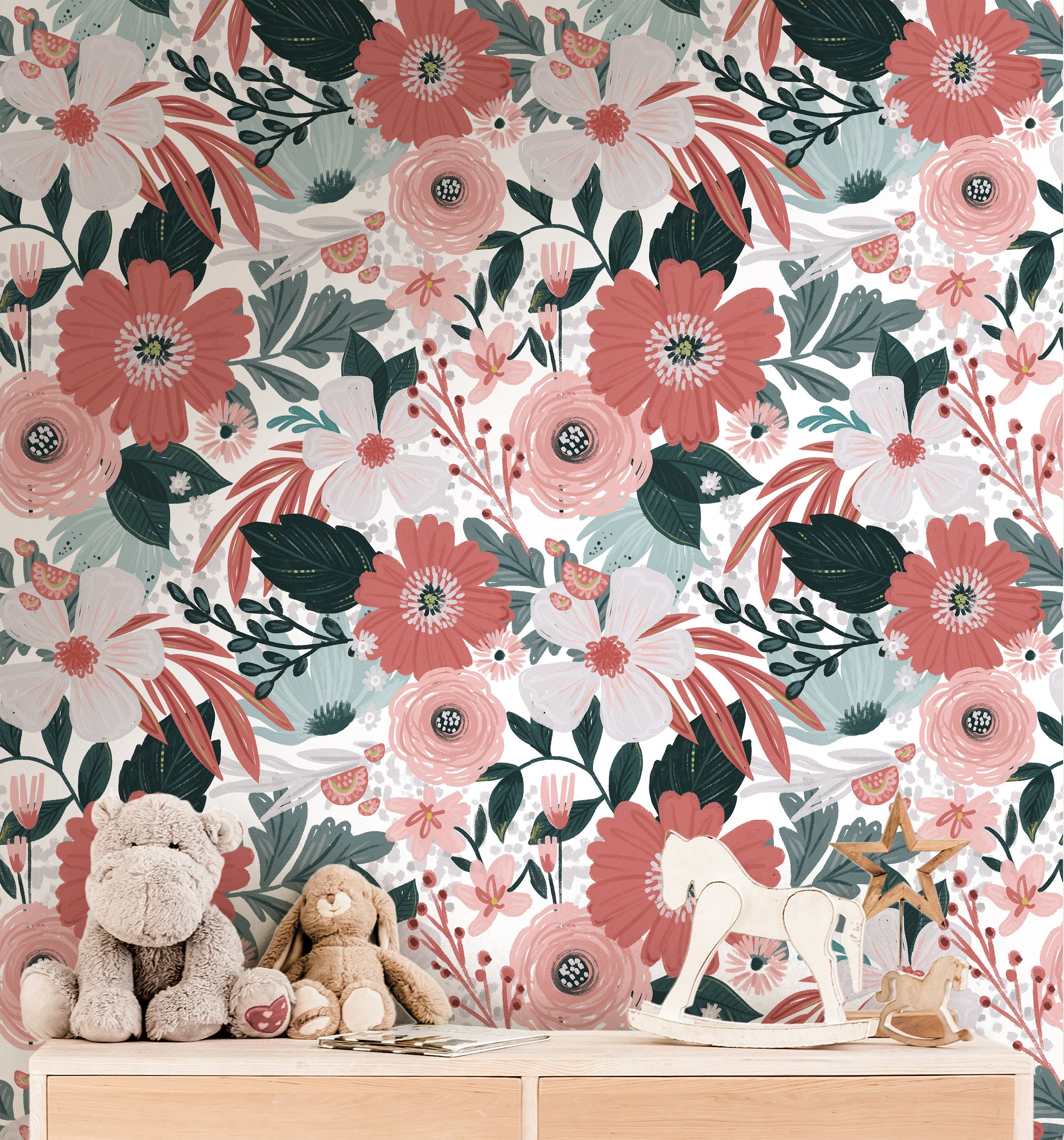 Tropical Floral Wallpaper | Girls Nursery Wallpaper | Kids Wallpaper | Childrens Wallpaper | Peel Stick Wallpaper | Removable Wallpaper 3545 - JamesAndColors