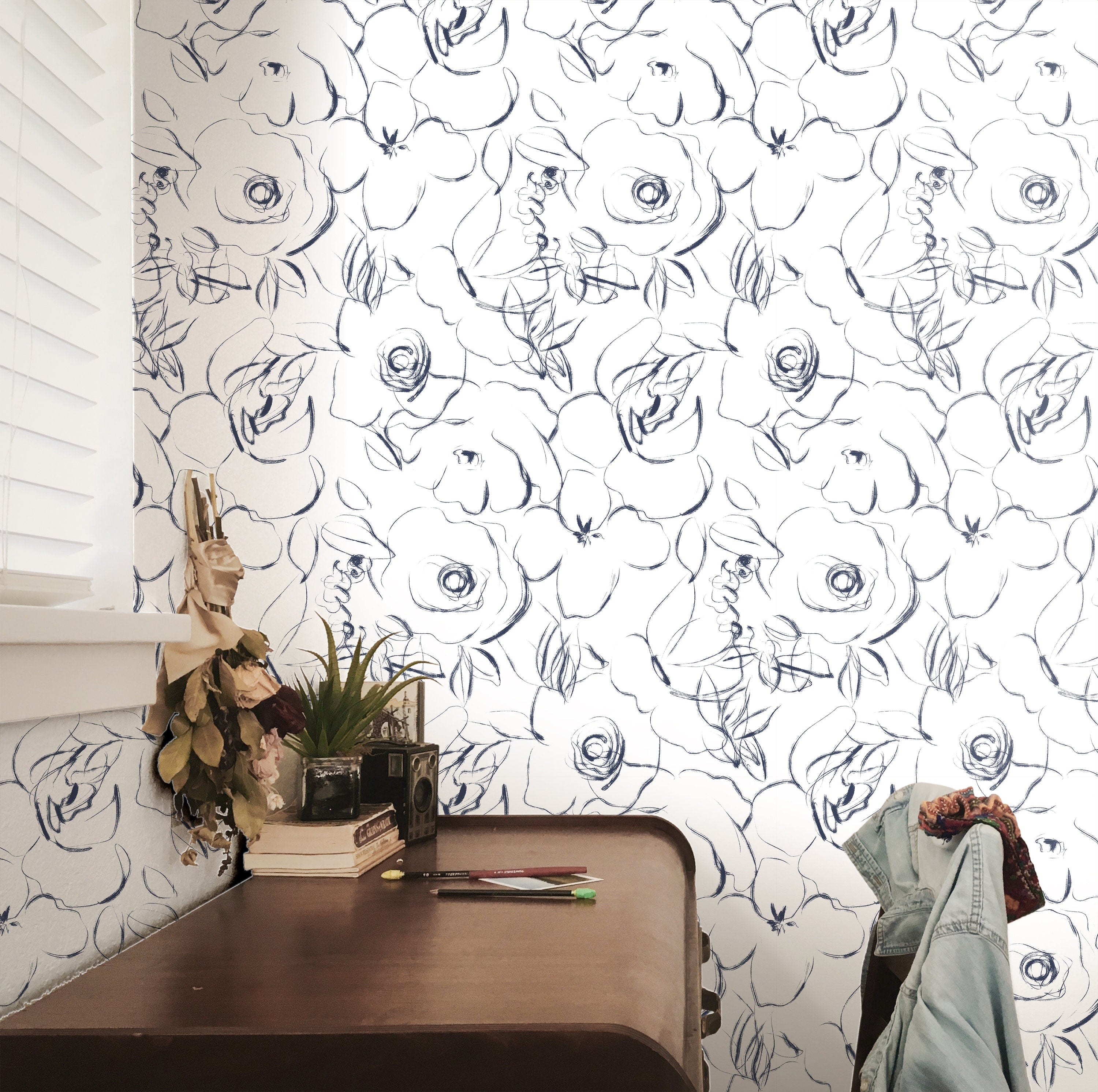 White Navy Floral Wallpaper | Wallpaper Peel and Stick | Removable Wallpaper | Wall Paper Peel And Stick | Wall Mural | Wall Decor 197 - JamesAndColors