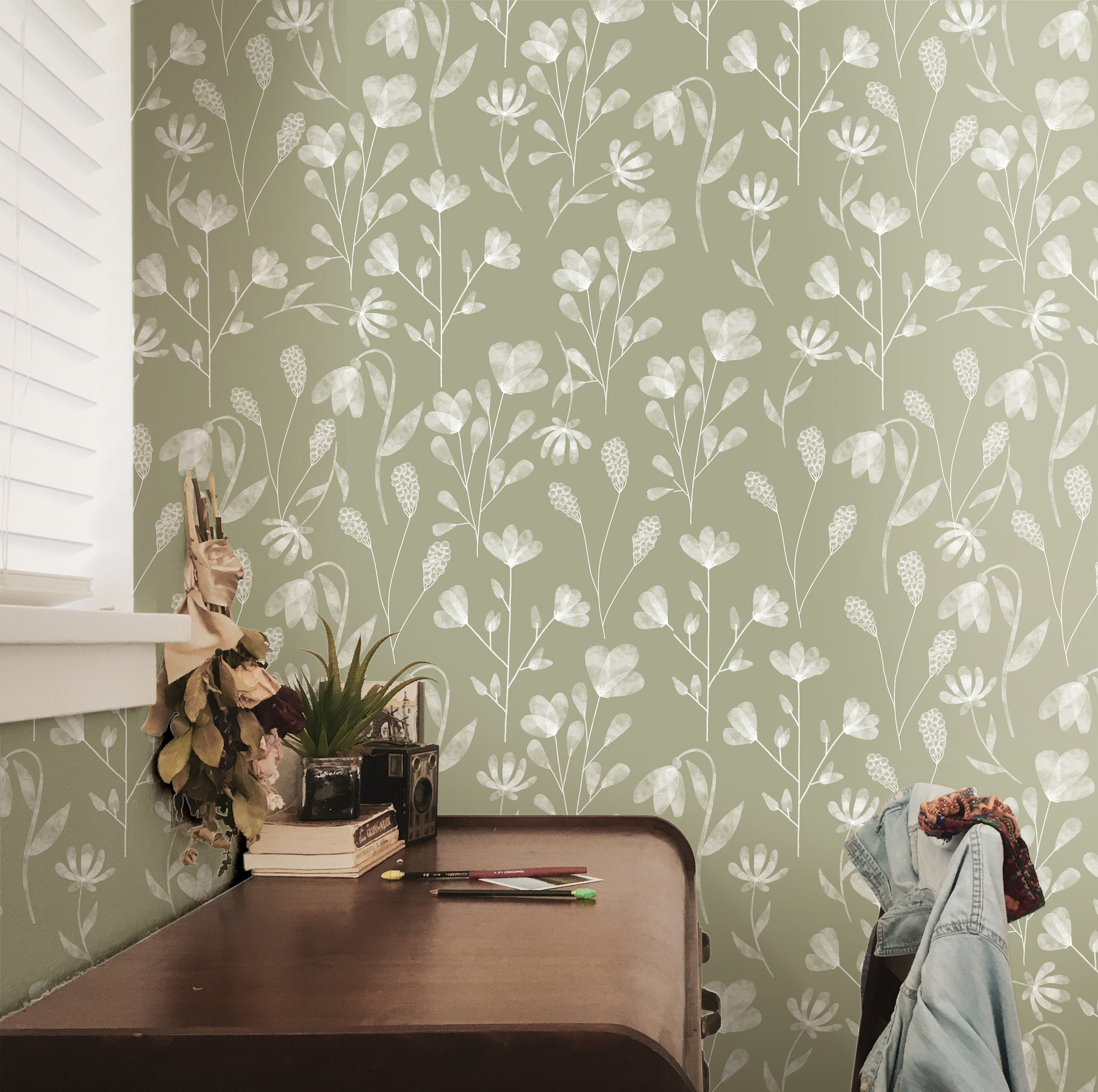 Olive Floral Wallpaper | Adhesive Wallpaper | Wallpaper Peel And Stick | Removable Wallpaper | Wall Paper Peel And Stick | Eco Friendly 2061 - JamesAndColors