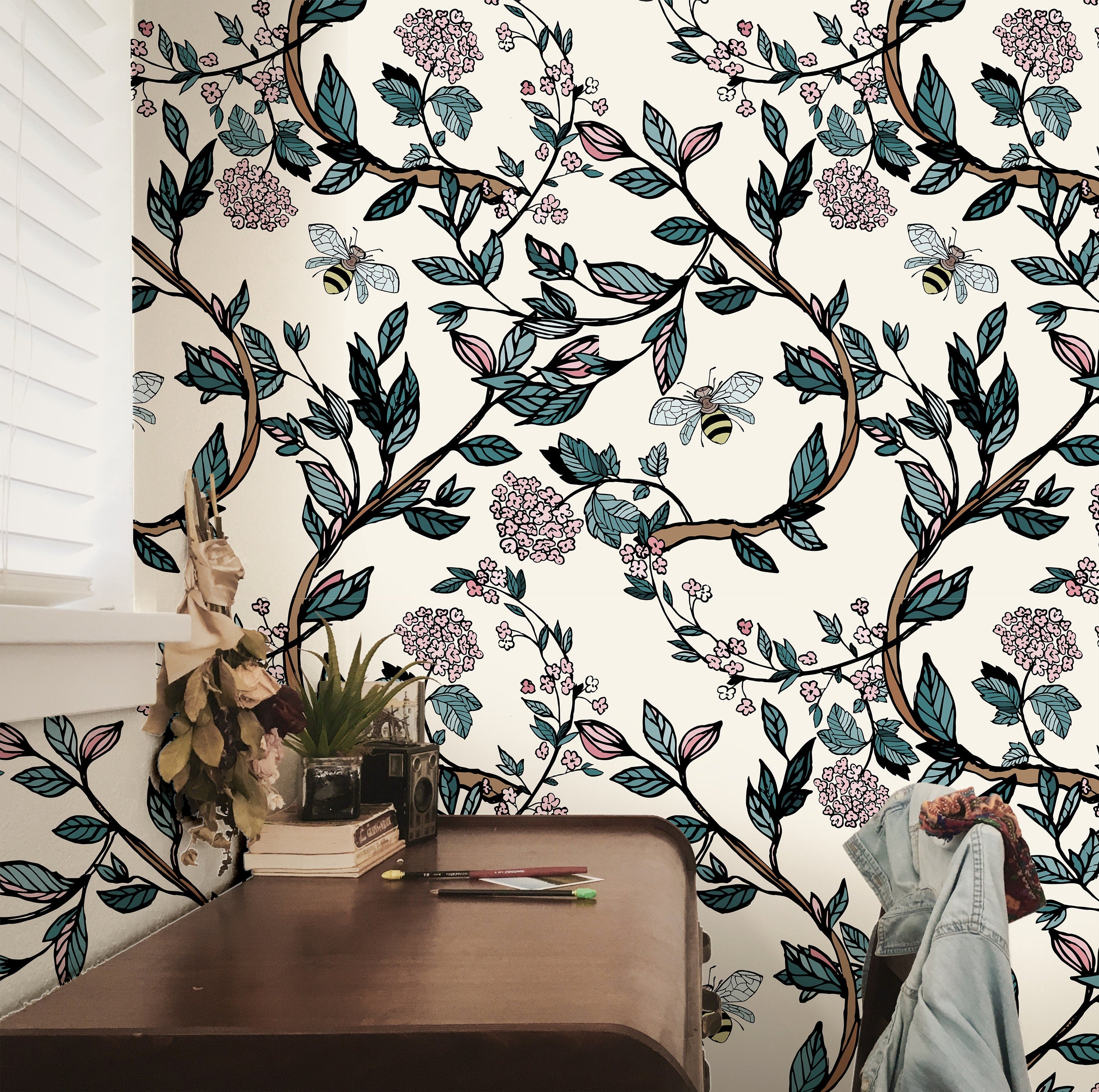 Floral Bee Branches Floral Wallpaper | Wallpaper Peel and Stick | Removable Wallpaper | Wall Paper Peel And Stick 2072 - JamesAndColors