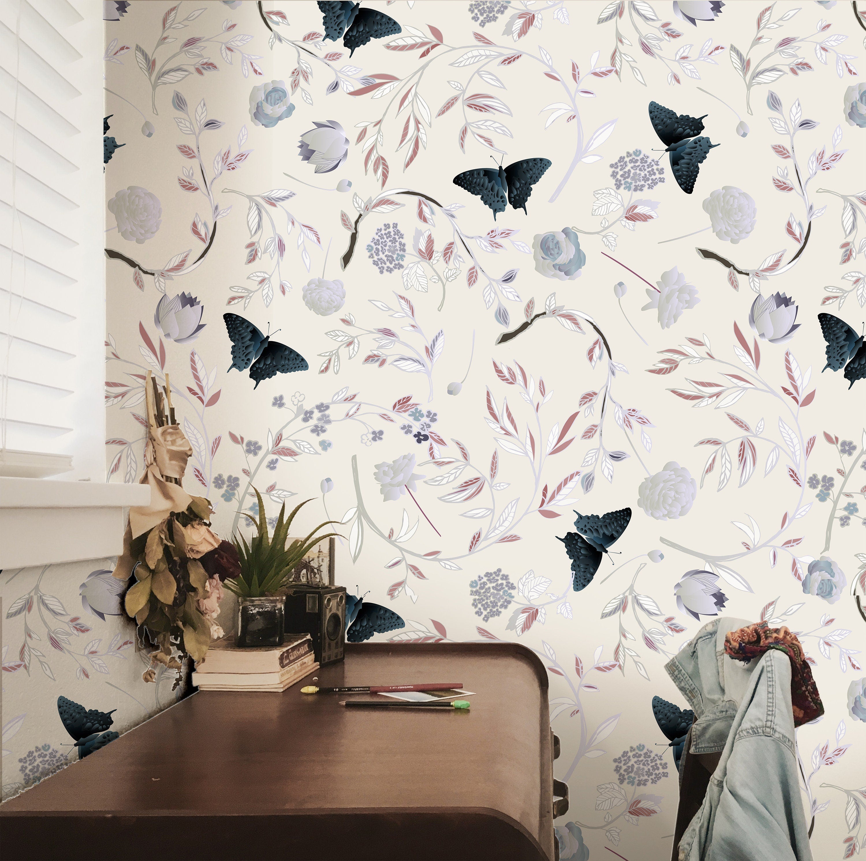 Ivory Butterfly Floral Wallpaper | Wallpaper Peel and Stick | Removable Wallpaper | Wall Paper Peel And Stick 2073 - JamesAndColors