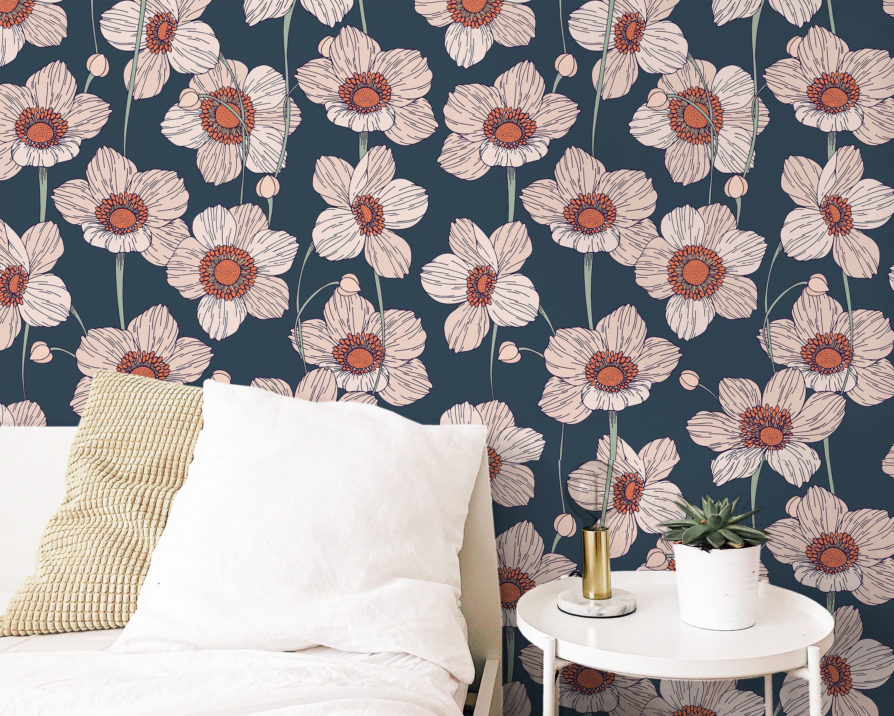 Removable Wallpaper Large Navy Poppy Floral | Peel And Stick Wallpaper ...