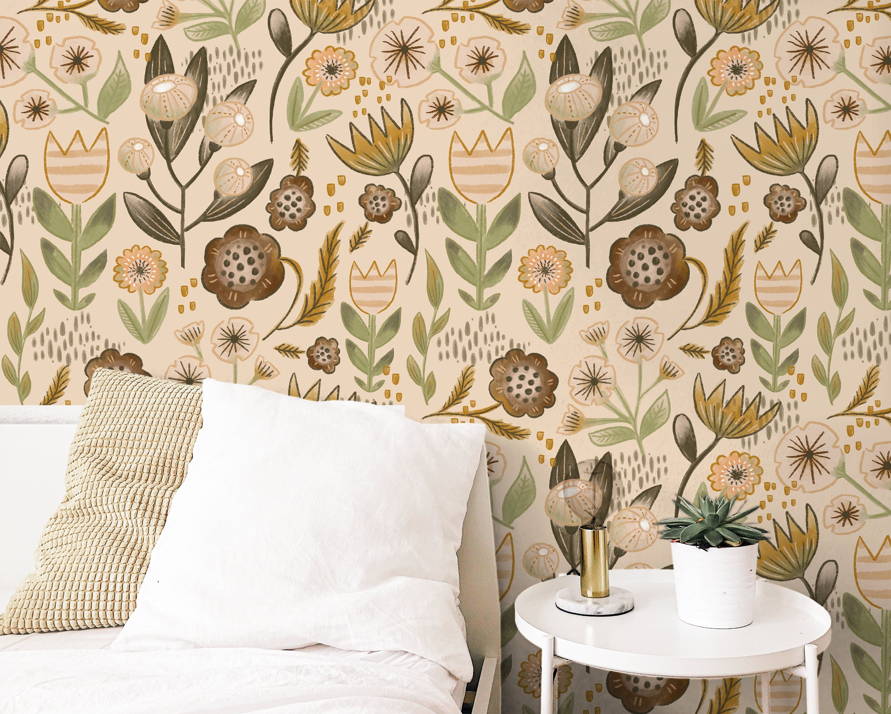 Tan Farmhouse Floral Wallpaper | Removable Wallpaper | Peel And Stick Wallpaper | Adhesive Wallpaper | Wall Paper Peel Stick Wall Mural 3626 - JamesAndColors