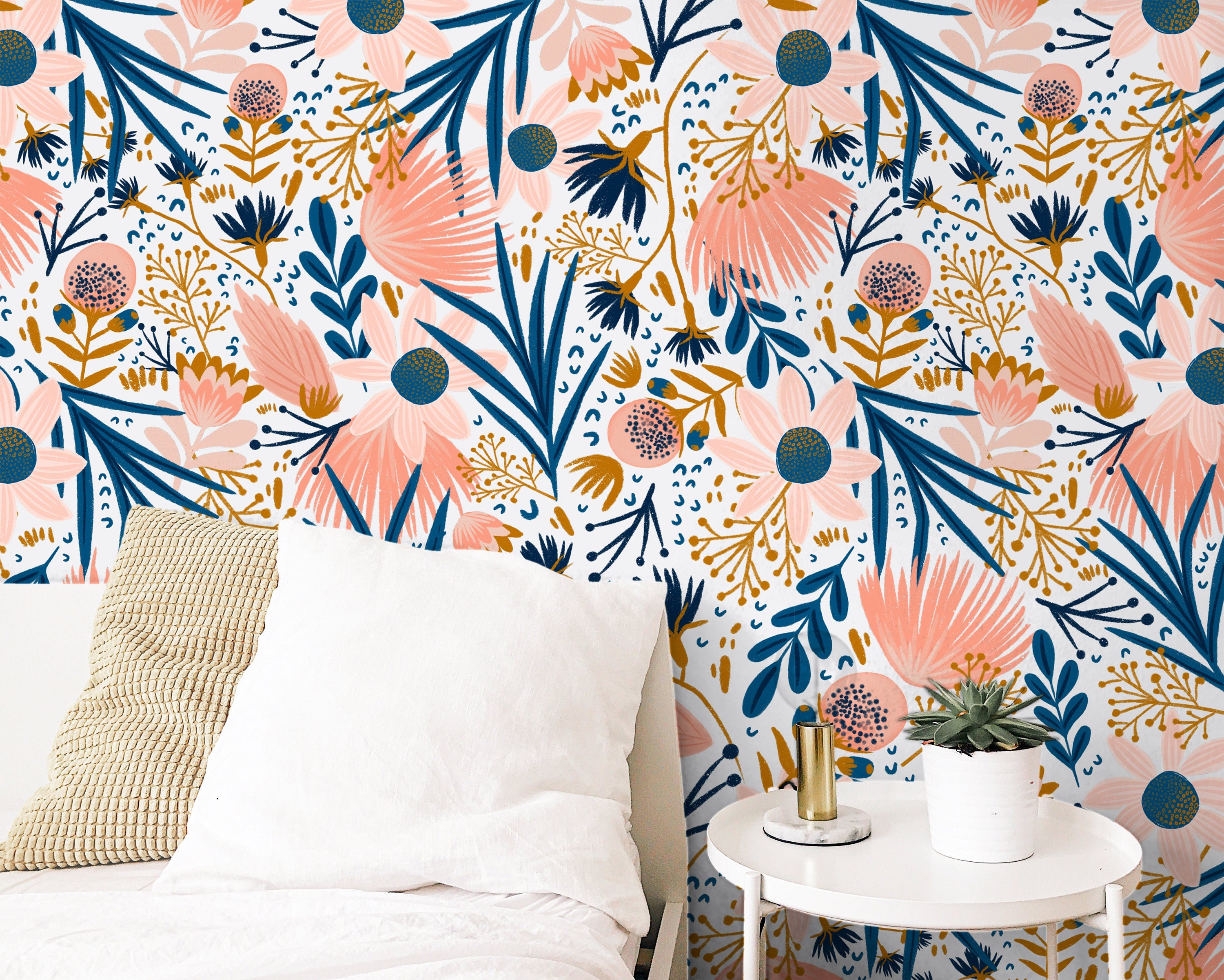 Pink And Navy Floral Wallpaper | Removable Wallpaper | Peel And Stick Wallpaper | Adhesive Wallpaper | Wall Paper Peel Stick Wall Mural 3620 - JamesAndColors