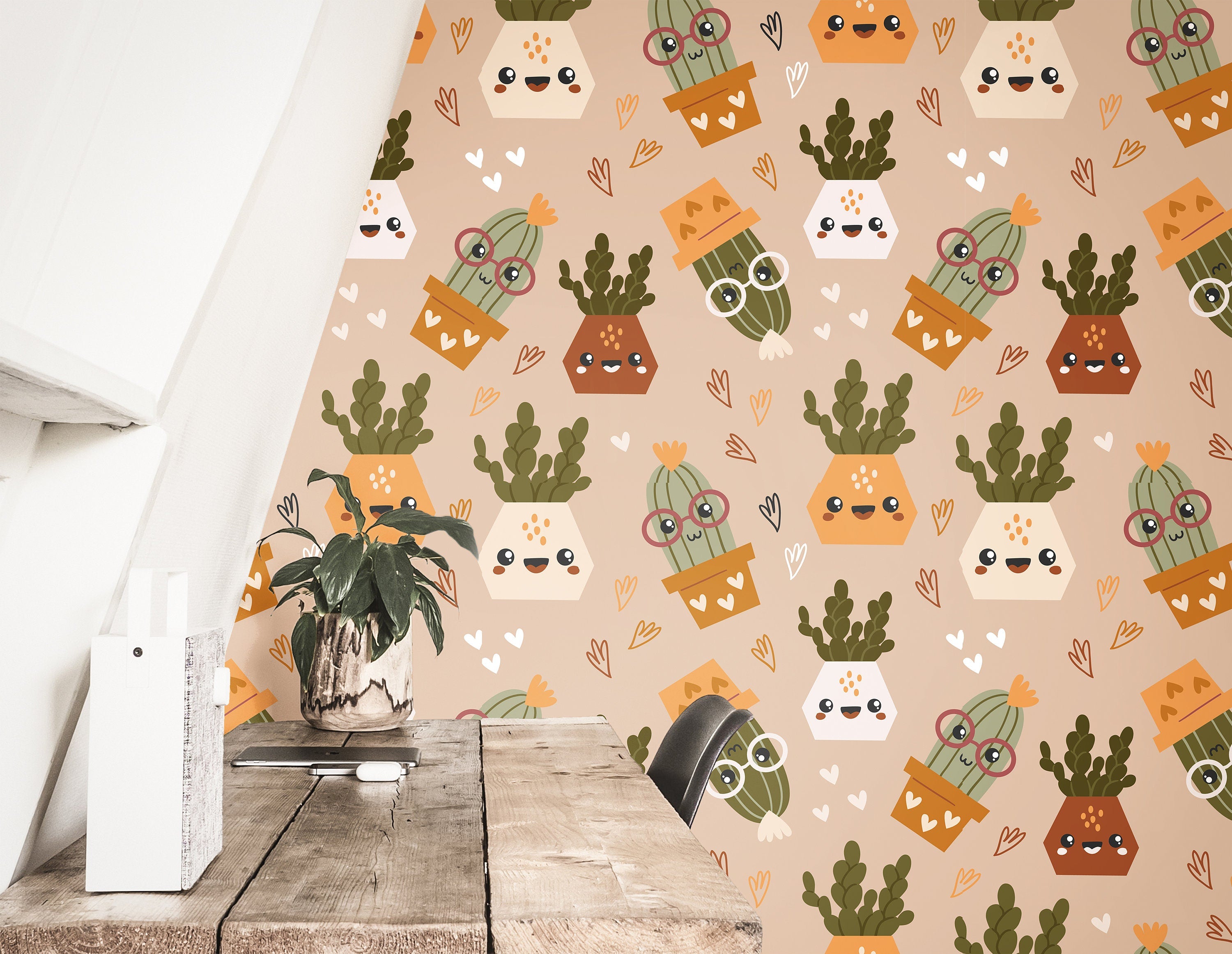 Boho Cactus Tan Wallpaper | Removable Wallpaper | Peel And Stick Wallpaper | Adhesive Wallpaper | Wall Paper Peel Stick Wall Mural 3615 - JamesAndColors