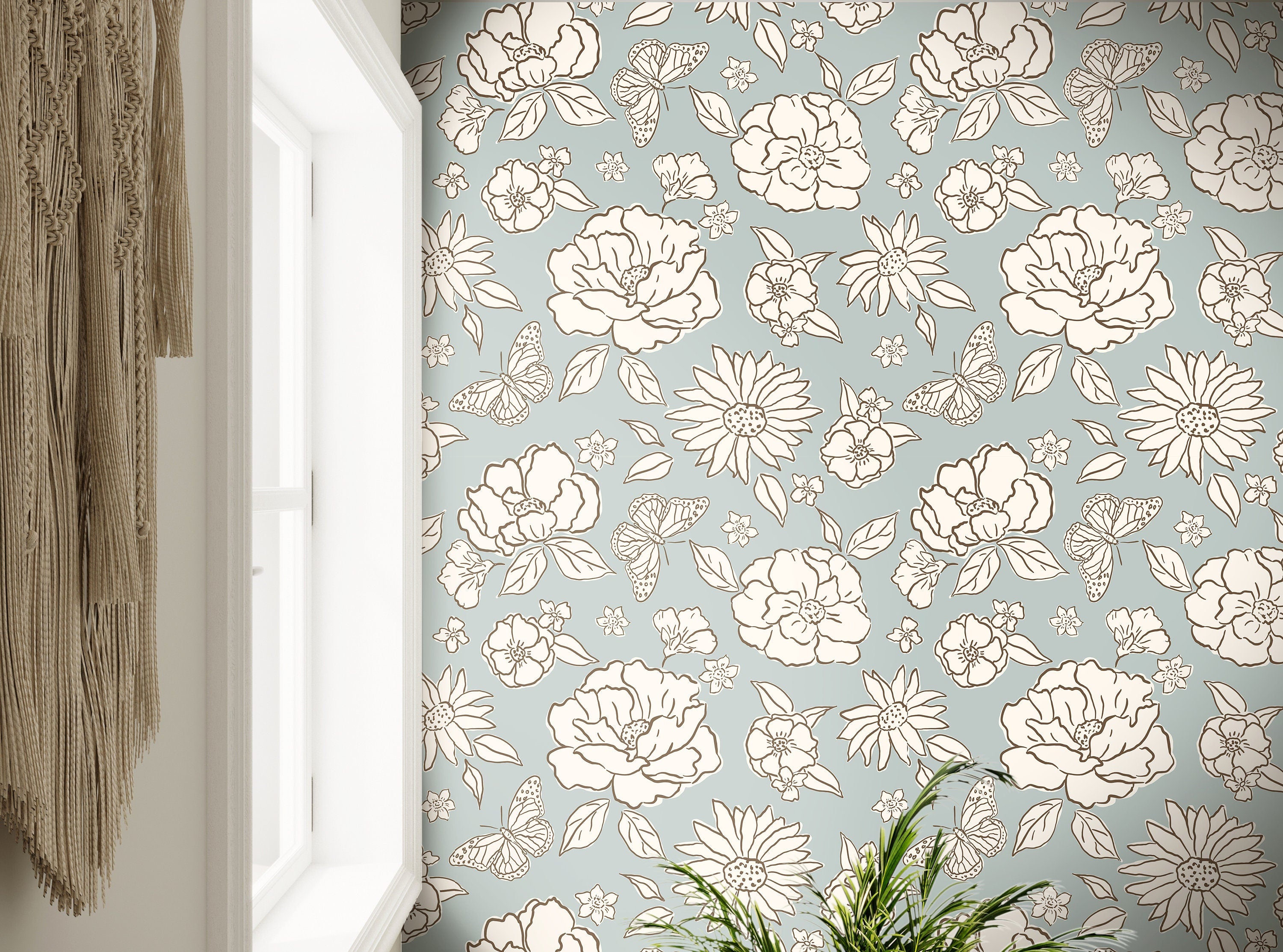 Wallpaper Peel and Stick Wallpaper Muted Blue and Cream Floral Outline Removable Wallpaper Wall Decor Home Decor Wall Art Room Decor 3746 - JamesAndColors