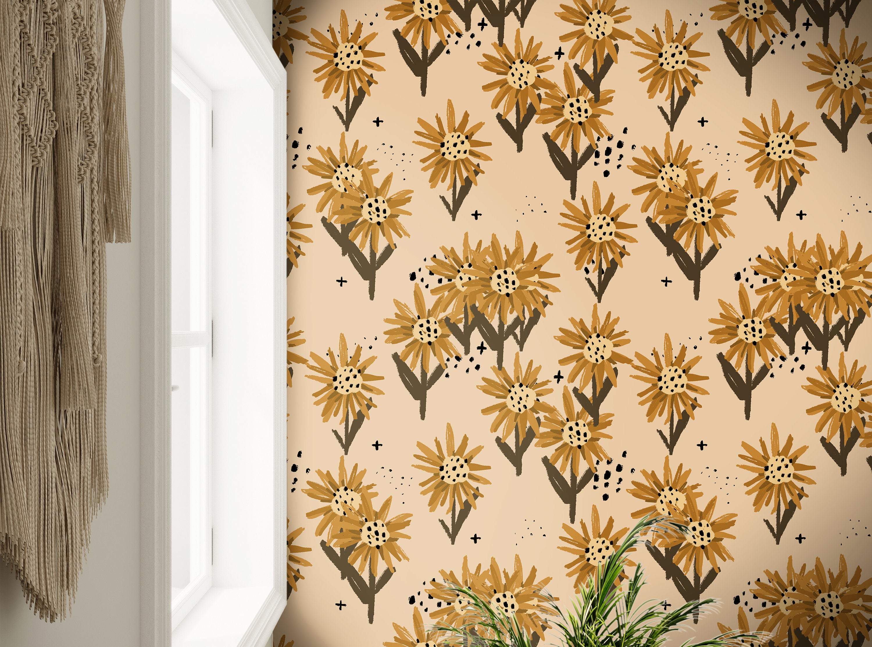 Wallpaper Peel and Stick Wallpaper Golden Painted Sunflowers Floral Removable Wallpaper Wall Decor Home Decor Wall Art Room Decor 3775 - JamesAndColors