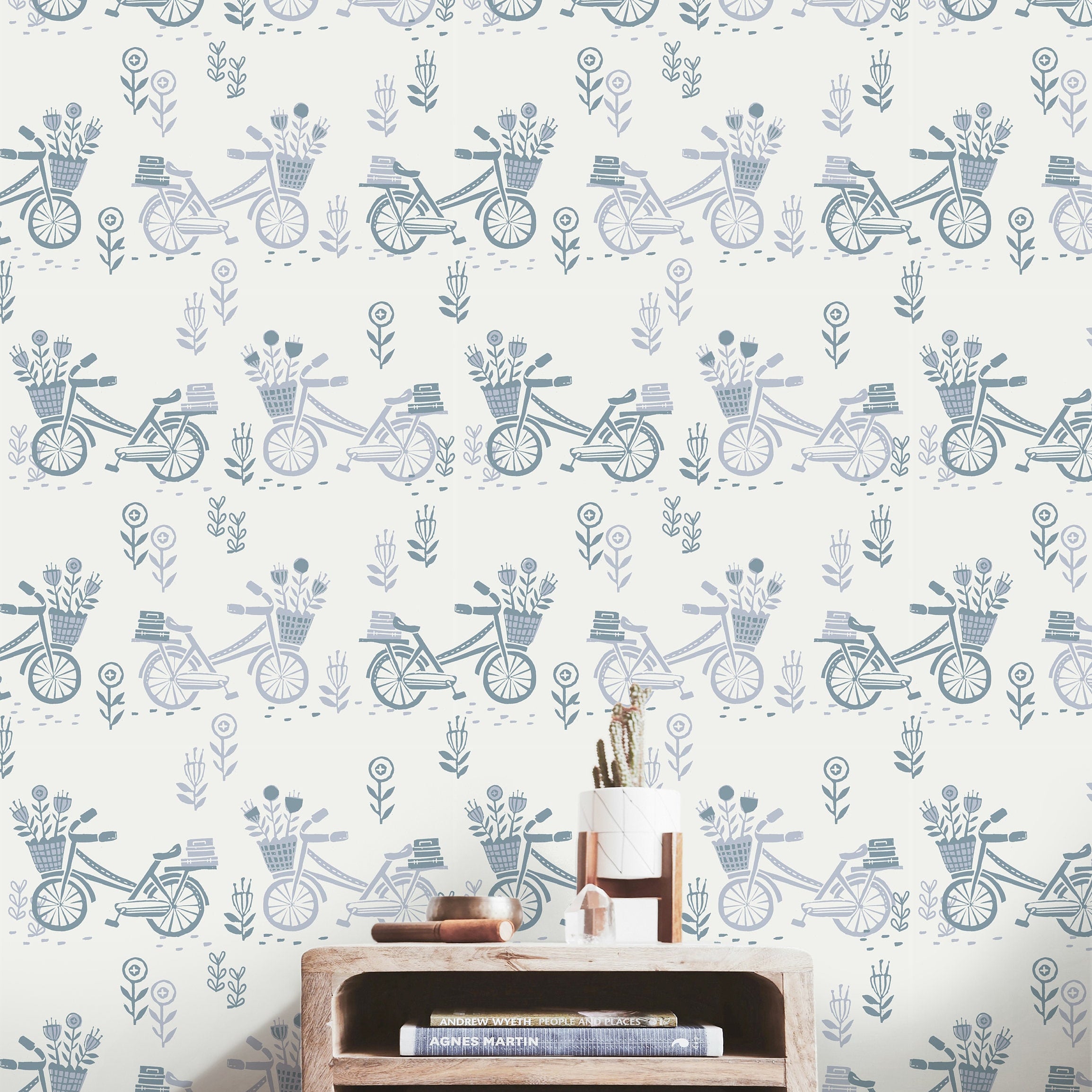 Wallpaper Peel and Stick Wallpaper Muted Blue Bicycles Floral Removable Wallpaper Wall Decor Home Decor Wall Art Room Decor 3749 - JamesAndColors