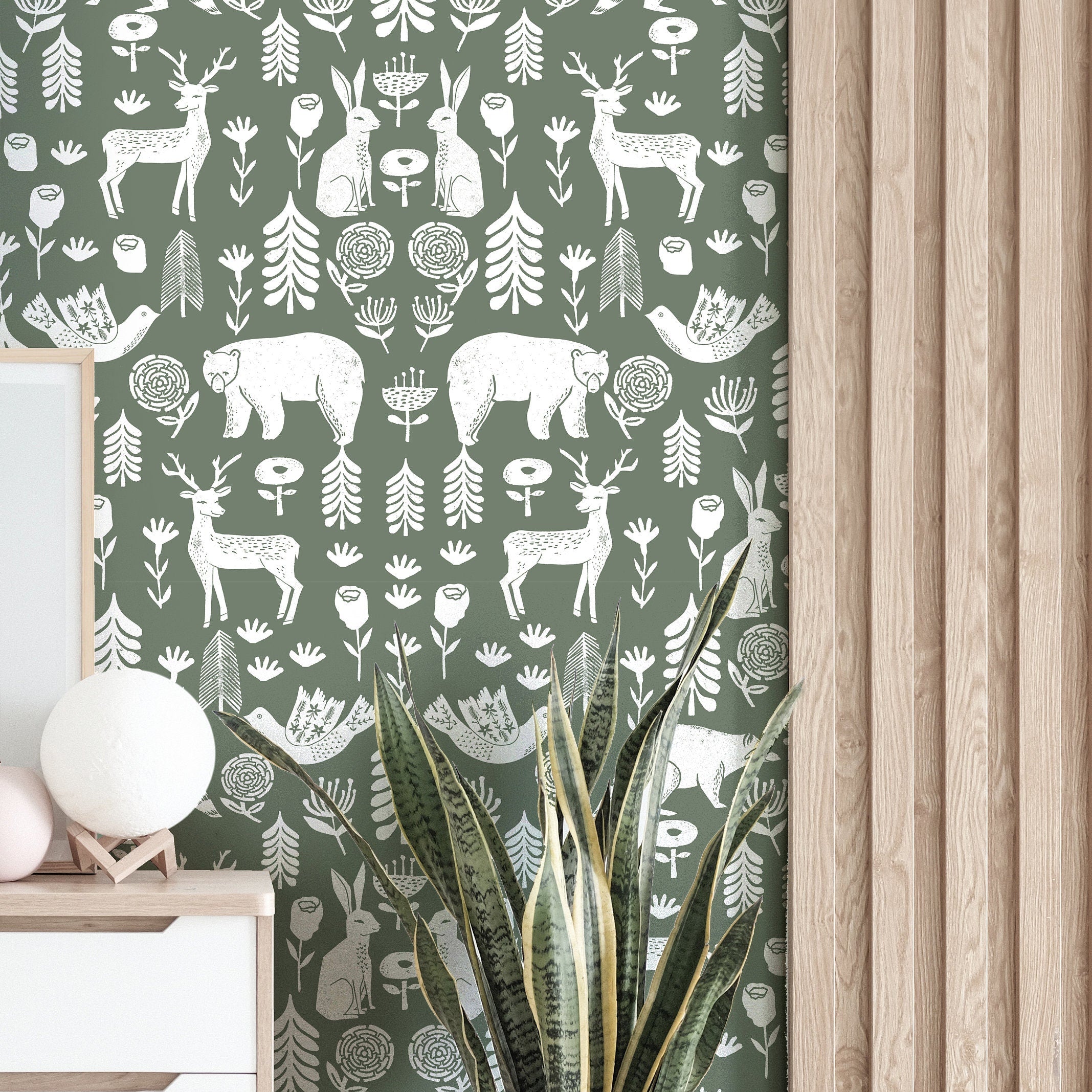 Wallpaper Peel and Stick Wallpaper Stampled Green White Colonial Animals Removable Wallpaper Wall Decor Home Decor Wall Art Room Decor 3764 - JamesAndColors
