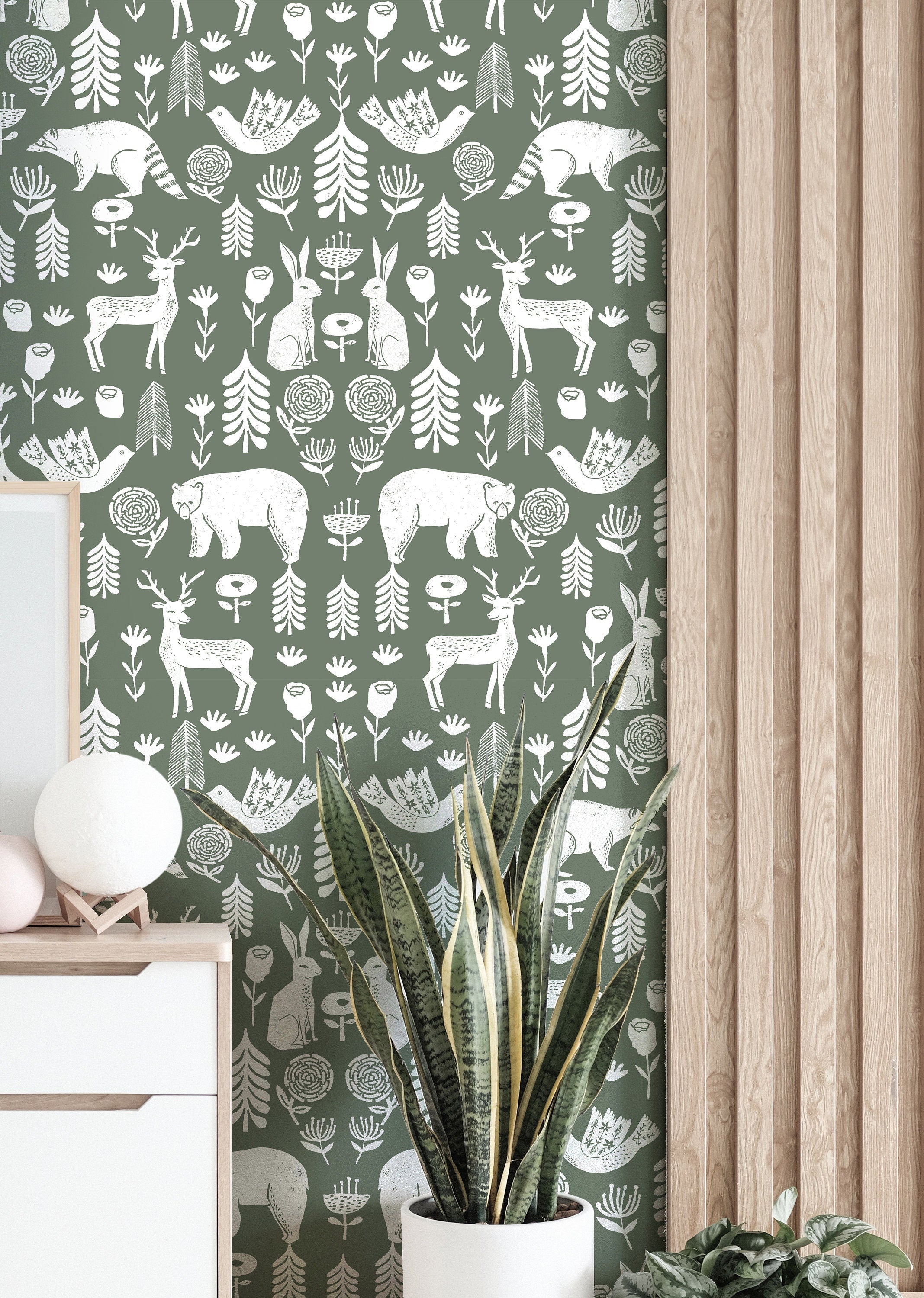 Wallpaper Peel and Stick Wallpaper Stampled Green White Colonial Animals Removable Wallpaper Wall Decor Home Decor Wall Art Room Decor 3764 - JamesAndColors