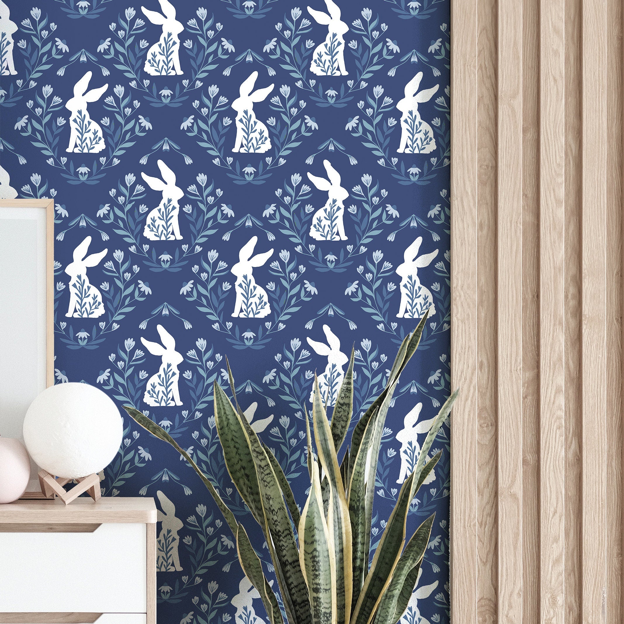 Wallpaper Peel and Stick Wallpaper Blue White Bunnies with Floral Removable Wallpaper Wall Decor Home Decor Wall Art Room Decor 3765 - JamesAndColors