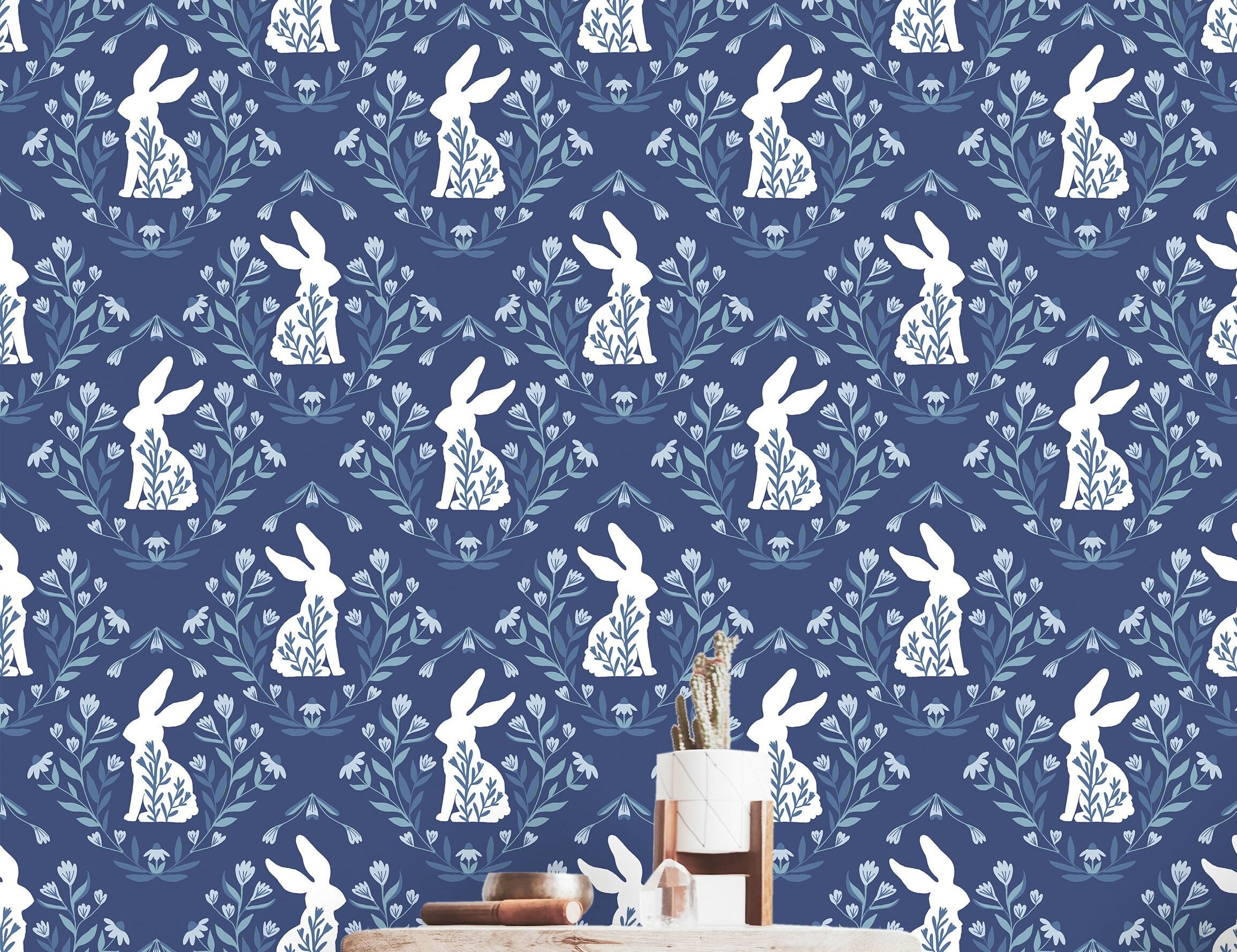 Wallpaper Peel and Stick Wallpaper Blue White Bunnies with Floral Removable Wallpaper Wall Decor Home Decor Wall Art Room Decor 3765 - JamesAndColors